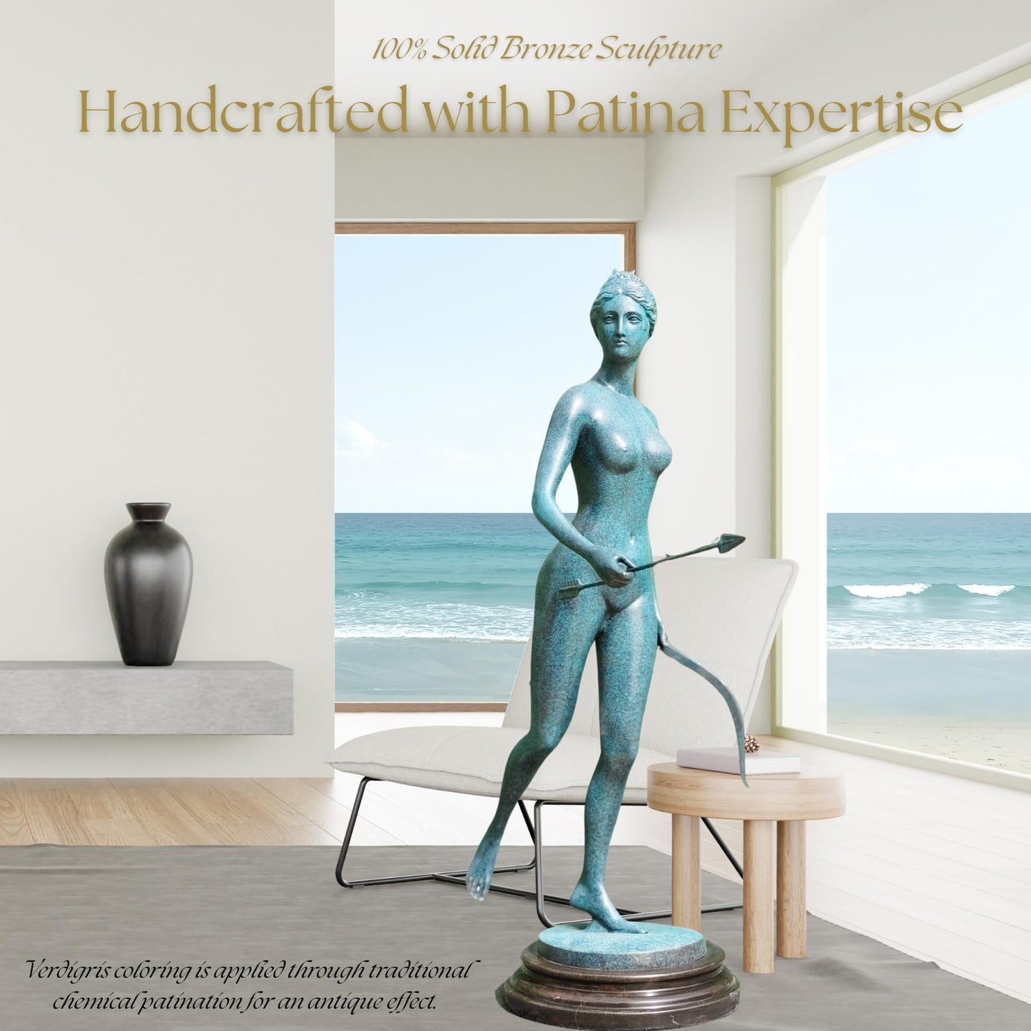 R REALONG Artemis Drawing Bow Bronze Statue – 28.7'' Blue-Green Verdigris Patina Greek Goddess of The Hunt Sculpture – Unique Female Archer Art for Gallery, Studio, Mythology Decor