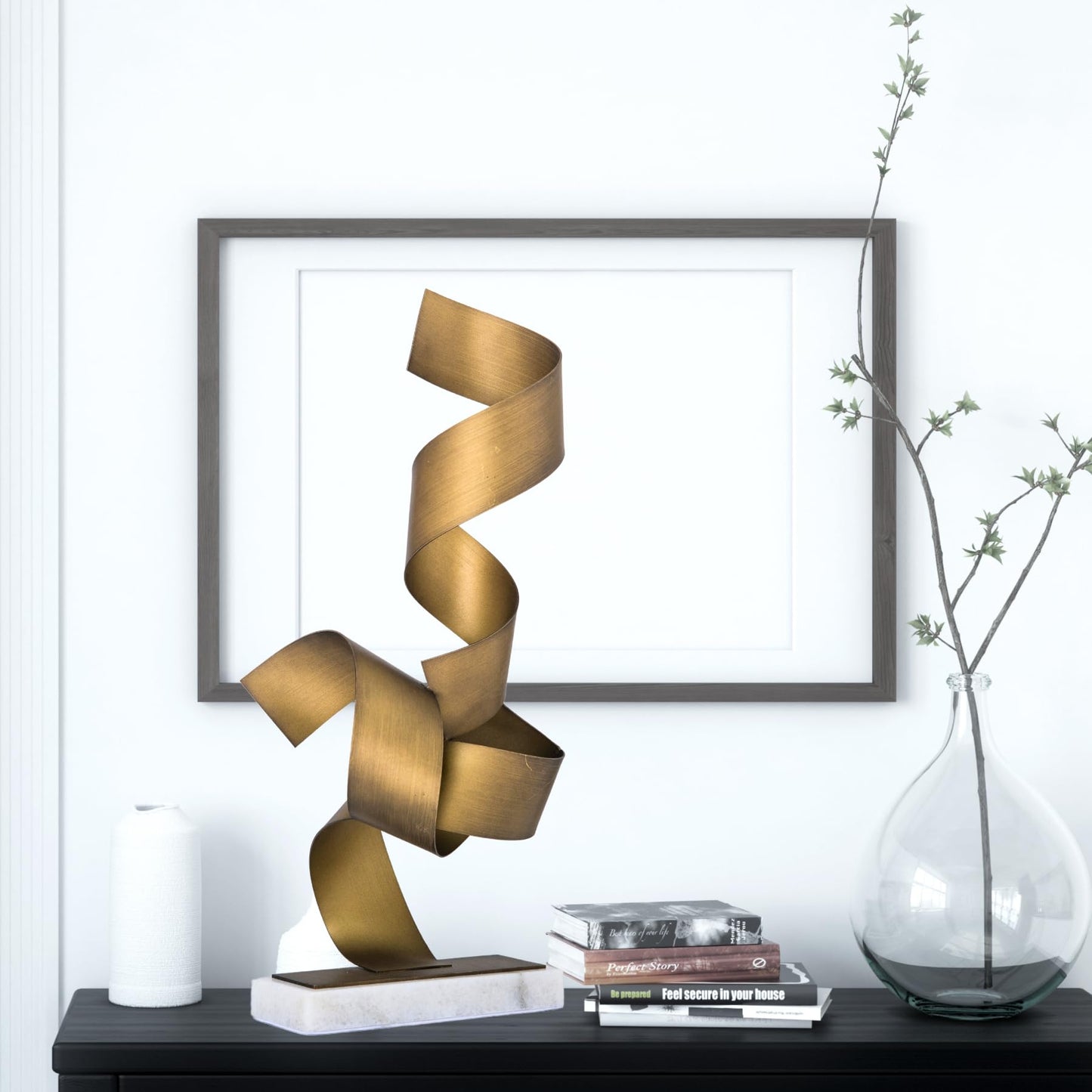Realong Golden Metal Art Sculpture with Marble Base, 19'' Abstract Geometric Table Decor Statue Modern Collectible Figurine Home Hotel Office Gold Iron Art Sculpture Ornament