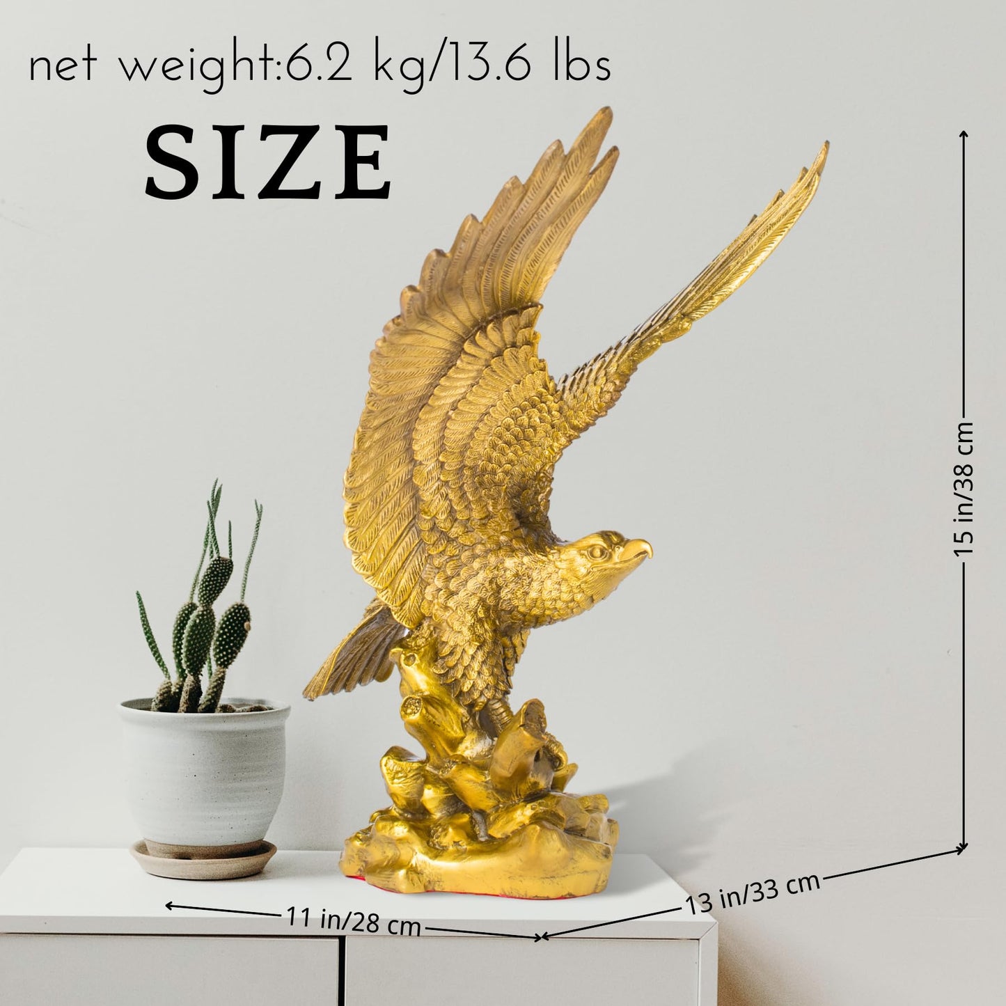 Brass Eagle Spread Wings Statue-Solid Bronze Eagle Sculpture Modern Home Office Art Decor Desktop Decoration. (Gold, 13 * 9 * 15 inches)