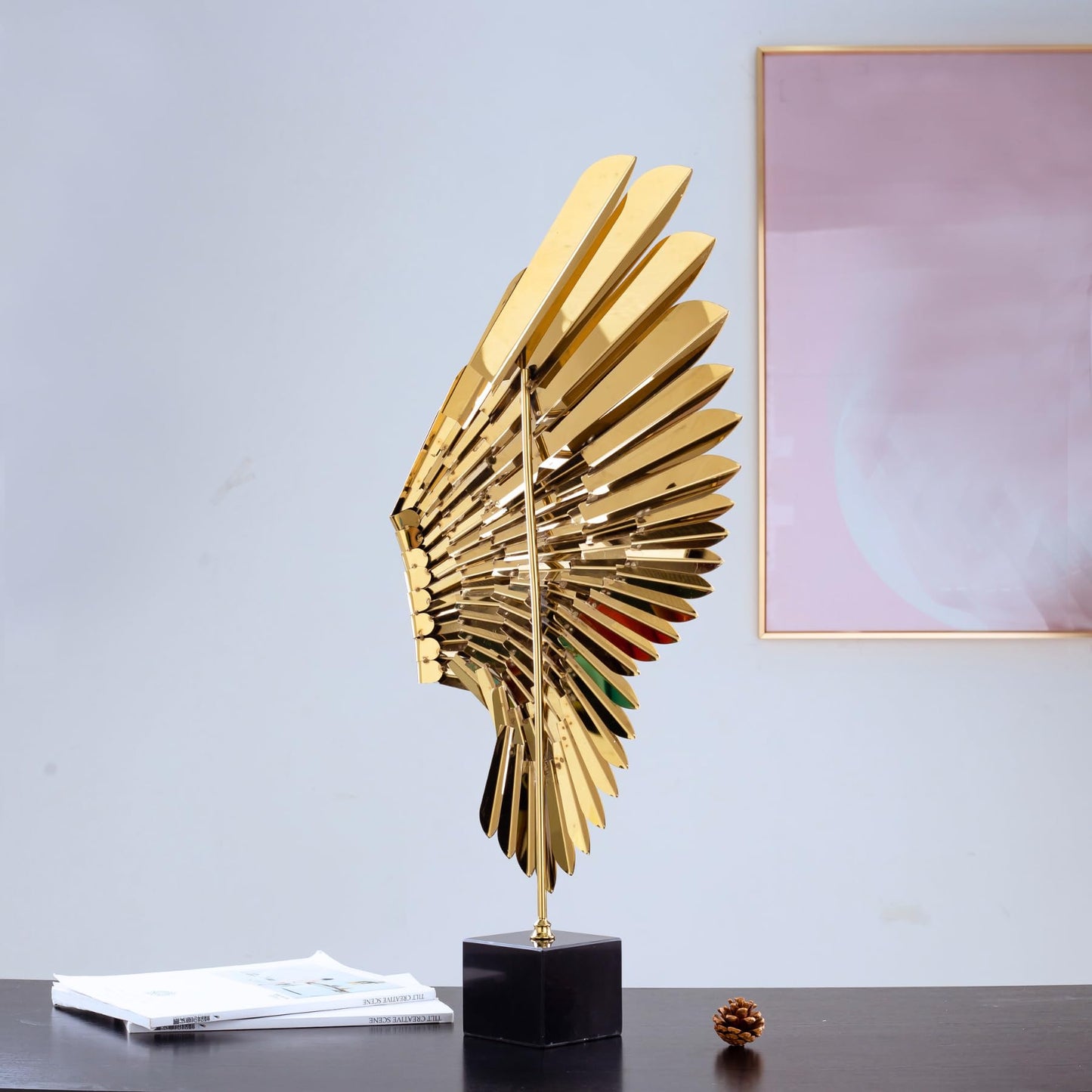 R REALONG Metal Statue for Home Decor-Vintage Style Angel Wings Stainless Steel Sculpture with Marble Base, 30'' Artisanal Design & Handcrafted Metal Art Collection for Hotel,Gallery,Club