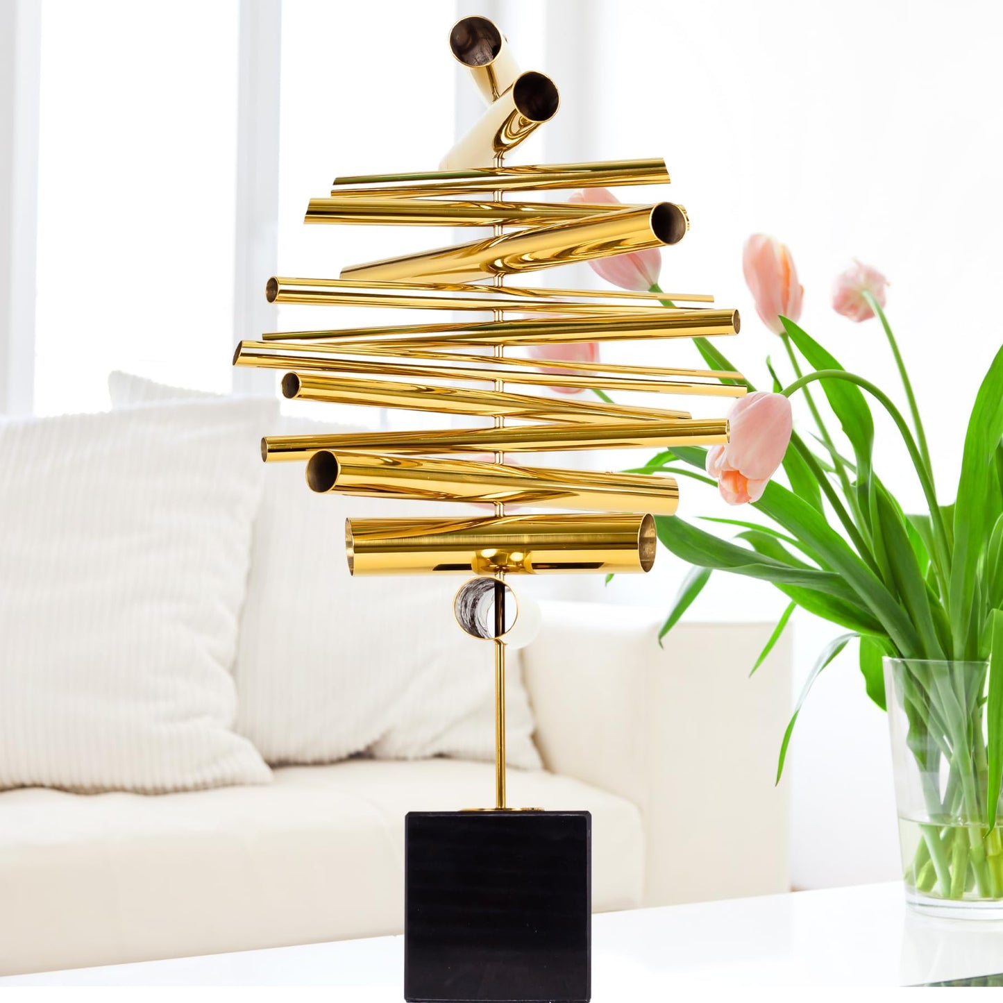 Modernism Creative Geometric Light Luxury Art Metal Ornament, 21.6'' Golden Stainless Steel Statue with Marble Base, Suitable for Home Hotel Office Decoration, Collection, Gift