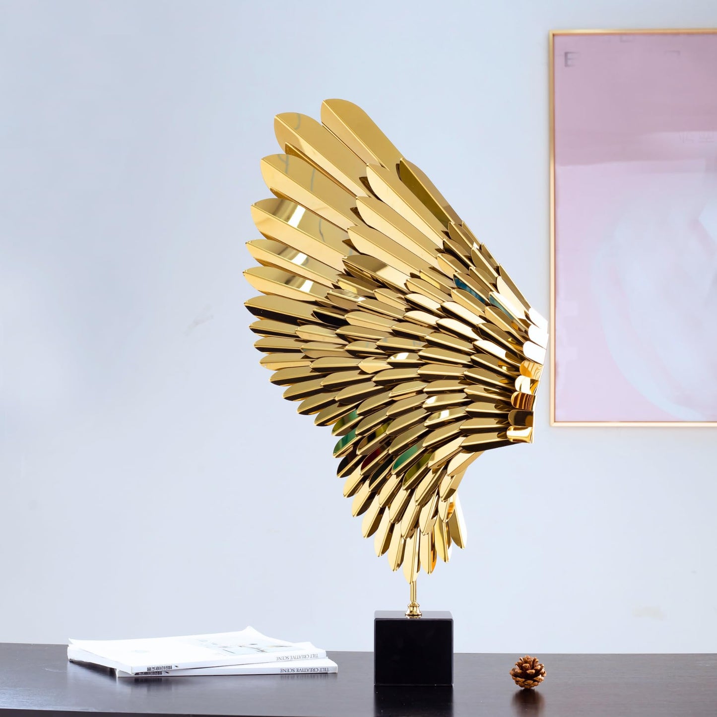 R REALONG Metal Statue for Home Decor-Vintage Style Angel Wings Stainless Steel Sculpture with Marble Base, 30'' Artisanal Design & Handcrafted Metal Art Collection for Hotel,Gallery,Club