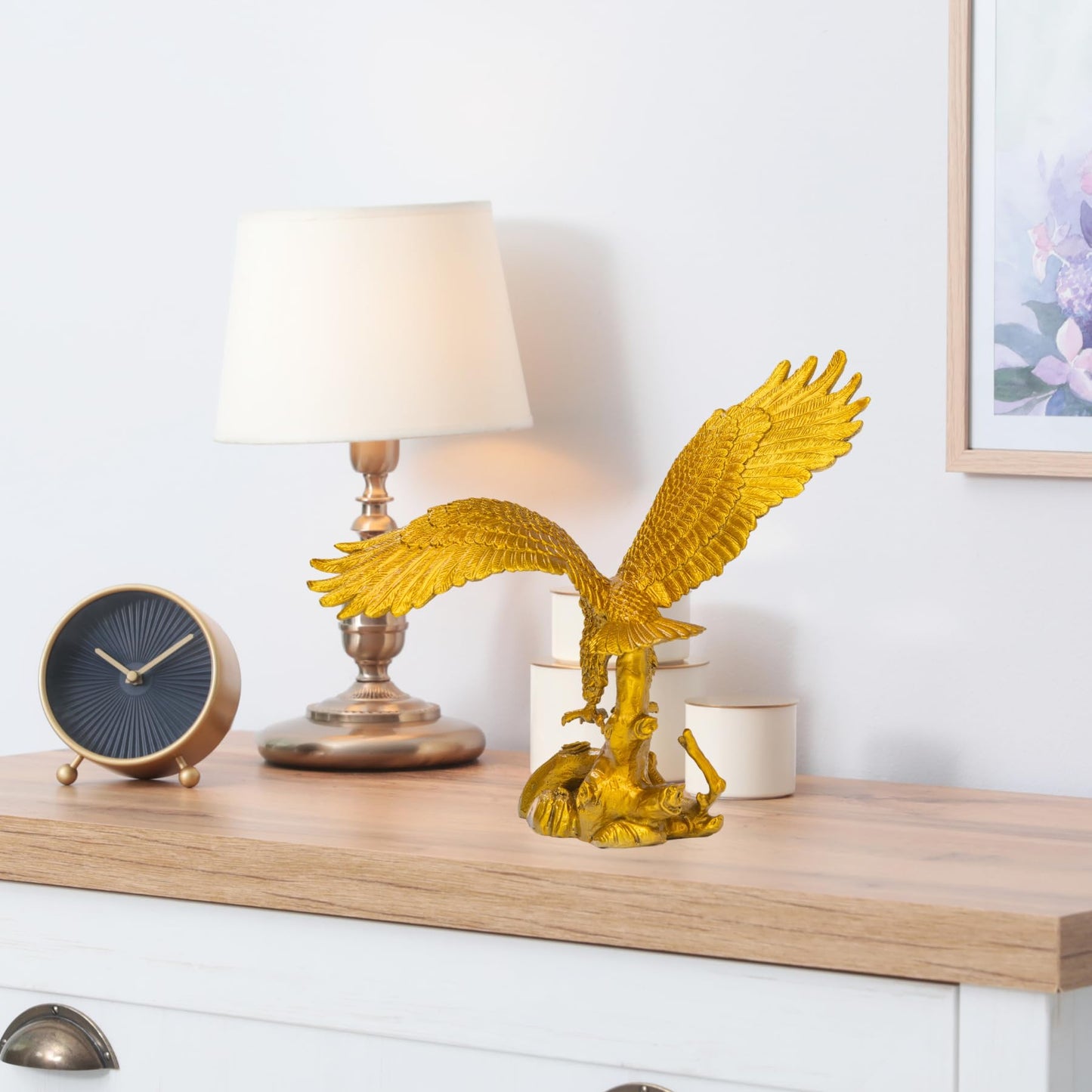 R REALONG 9.1" L Gold Brass Eagle Spread Wings Statue e-Solid Bronze Eagle Sculpture Modern Home Office Art Decor Desktop Decoration.