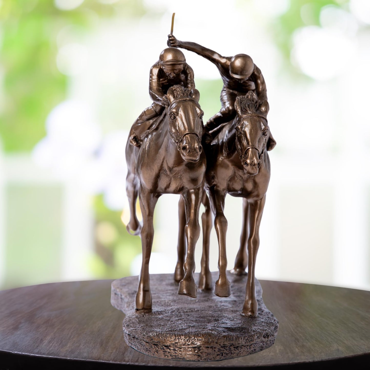 Two Jockeys Horse Racing Cold Cast Bronze Resin Figurine - Elegant Equestrian Statue, Handcrafted Home Decor-11.8 x 5.1 x 9.8 in, Perfect Gift for Horse Lovers, Sports Enthusiasts, and Collectors