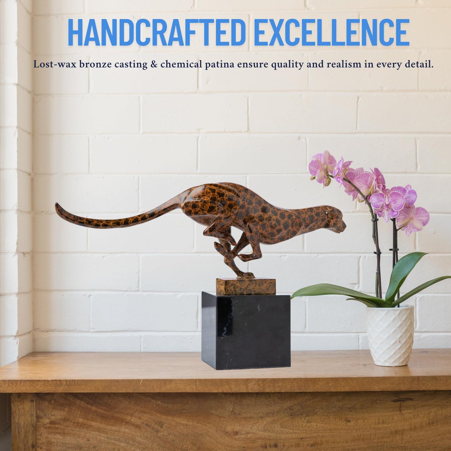 Bronze Cheetah Panther Leopard Statue – 12.6" Running Big Cat Sculpture, Handmade Lost-Wax Cast Animal Figurine for Collectors, Office & Home Decor, Elegant Wildlife Gift