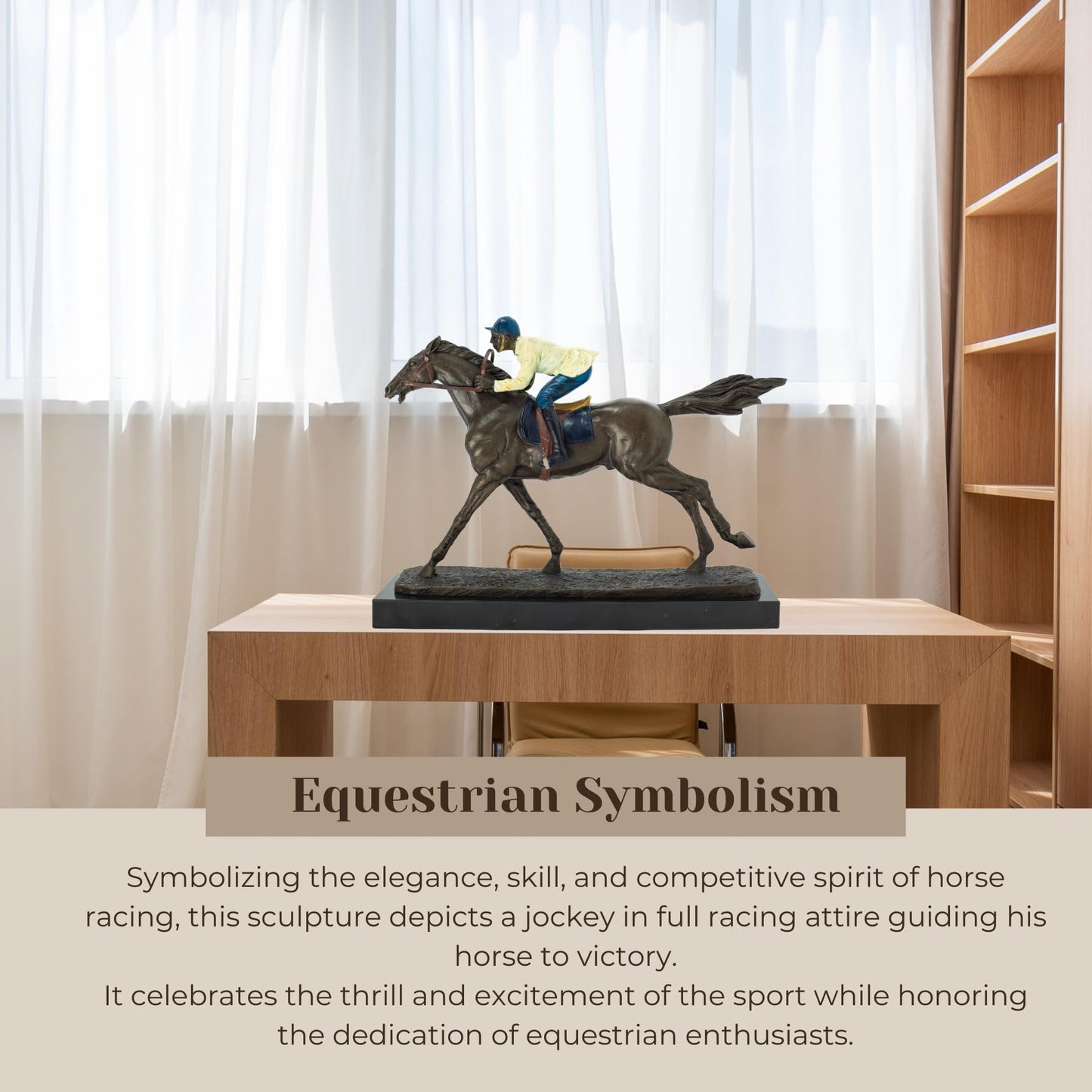 R REALONG Jockey Riding Horse Bronze Statue - Hand-Painted Equestrian Art Sculpture, Perfect for Horse Racing Enthusiasts and Home Decor, RL-TD403-3948