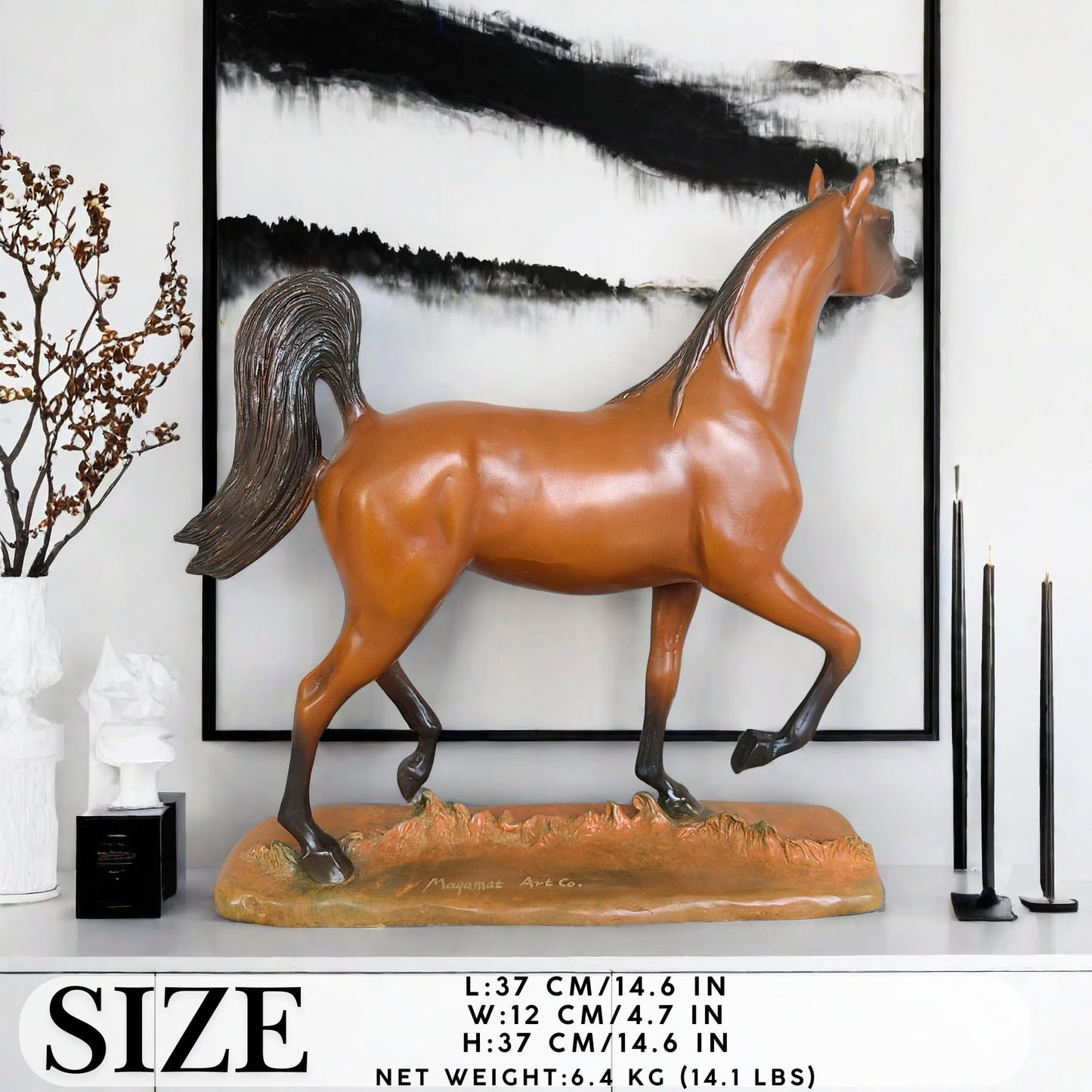 Bronze Arabian Horse Sculpture - H:14.6" Yellow-Brown Patina Handcrafted Horse Statue with Custom Signature Option, Elegant Equine Art for Home and Office Décor