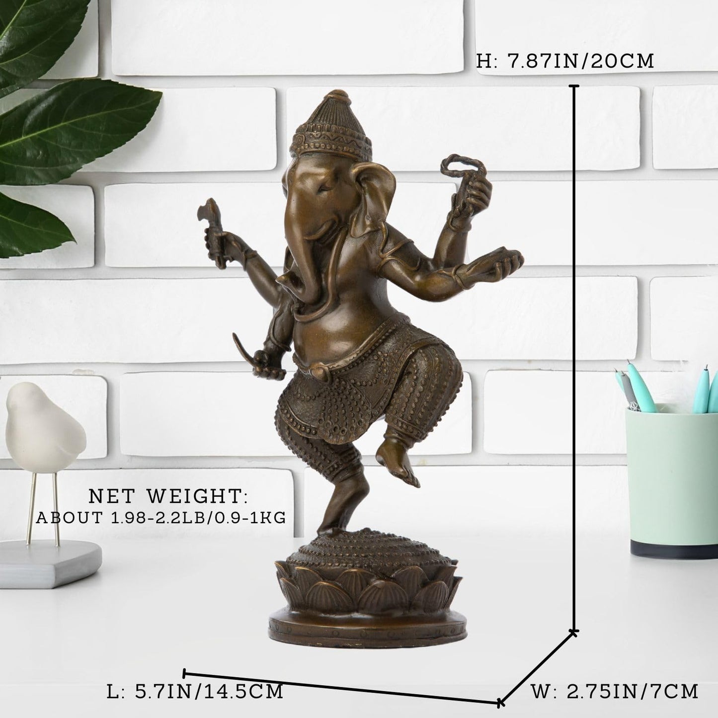 Bronze Ganesha Statue, 7.87" Lord Ganesha Figurine Standing on Lotus Pedestal - Hindu Elephant God of Success Statue in Premium Hot Cast Bronze