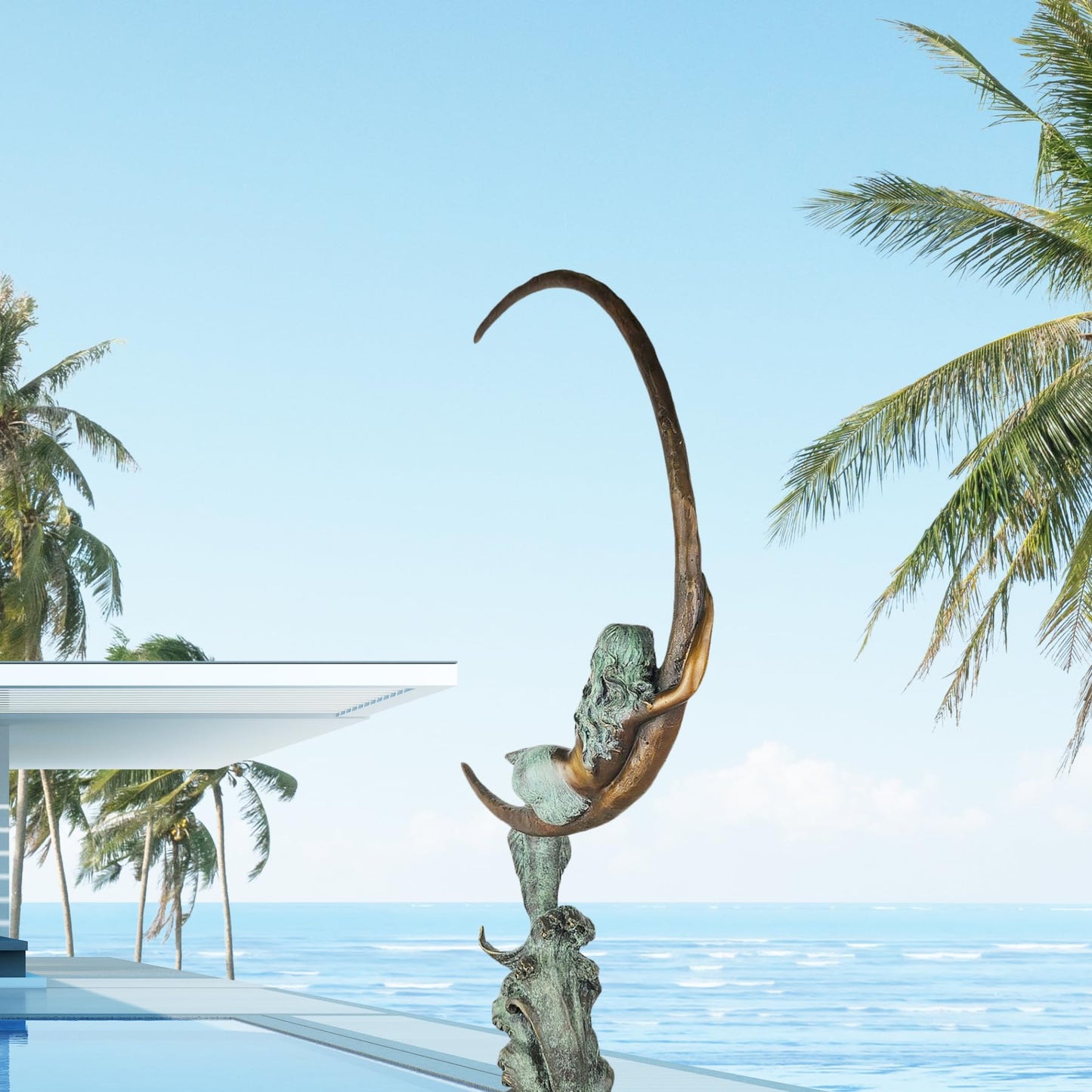 Bronze Mermaid on Crescent Moon Sculpture – 26.6" Tall Handmade Patina Bronze Statue “Moonlight Siren” with Marble Base – Elegant Art Nouveau Figurine for Home Décor & Collectors