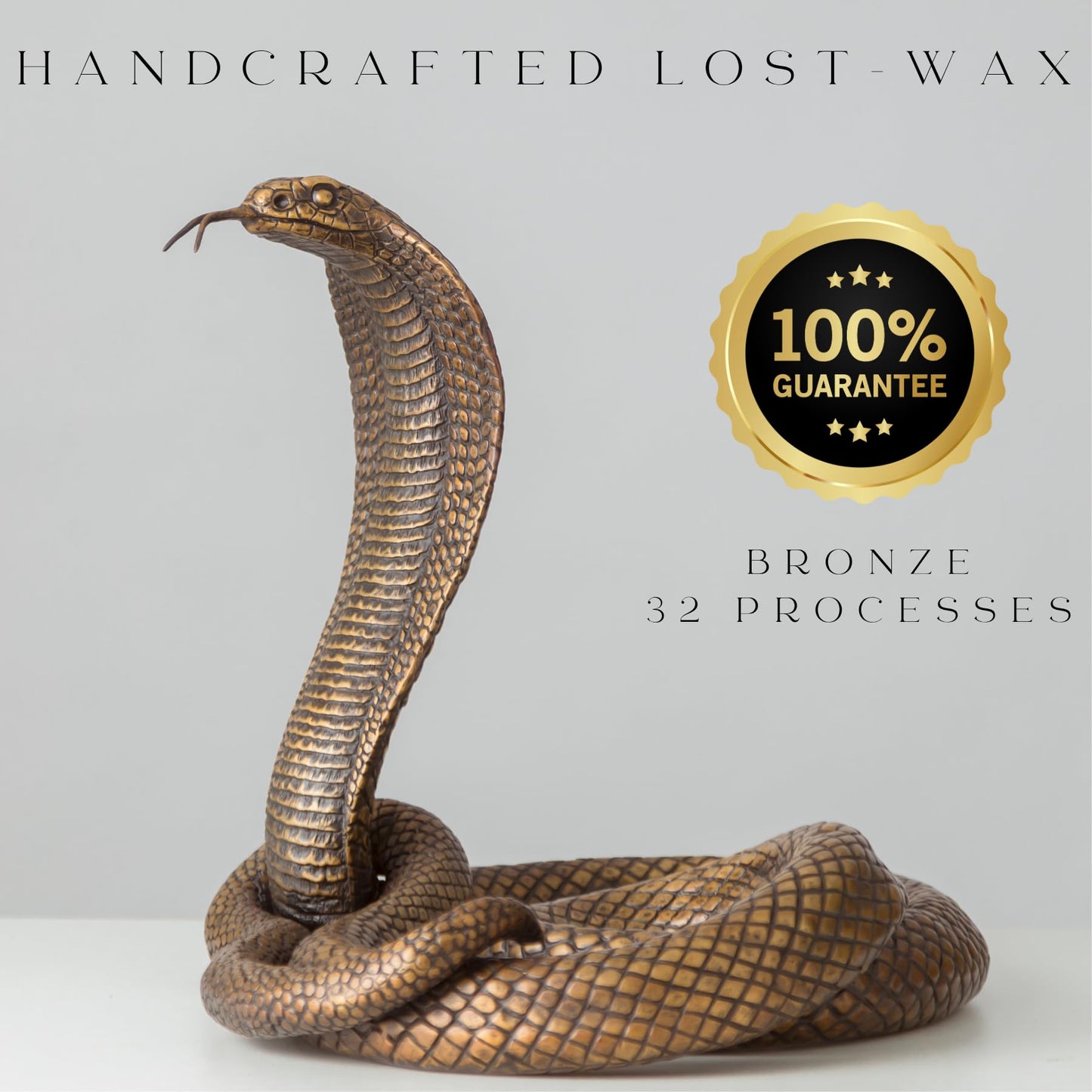 Bronze King Cobra Sculpture – 13.4" Handmade Solid Bronze Snake Statue with Striking Patina Finish – Lifelike Serpent Figurine for Home, Office, and Art Collectors – 22 lbs