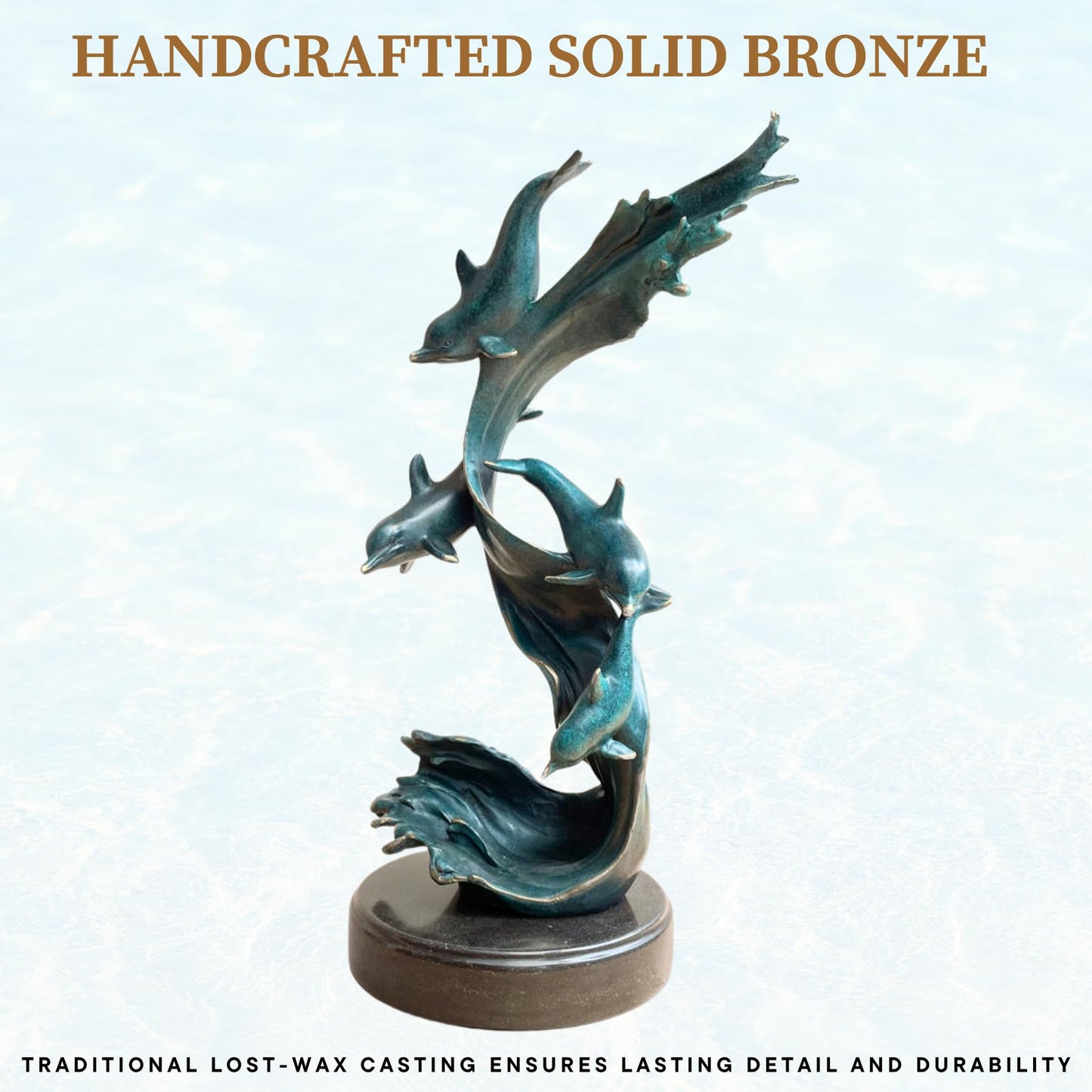 Bronze Dolphin Sculpture –18.5" Tall Handcrafted Solid Bronze Dolphin Décor Art Sculpture with Verdigris Patina | Ocean Wildlife Statue | Artistic Home Décor & Collectible Figurine