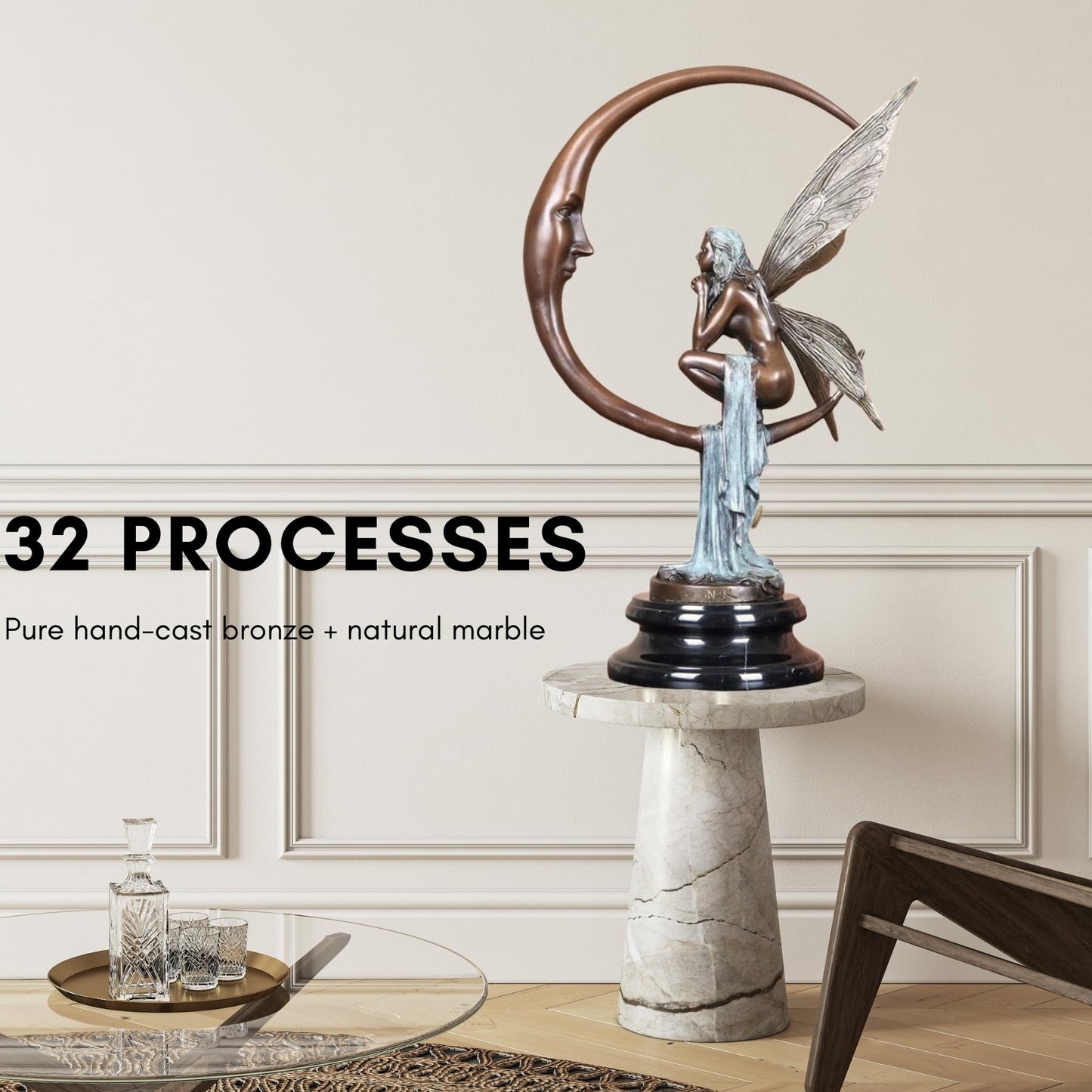 Bronze Fairy on Crescent Moon Sculpture – 15.7” Tall Solid Bronze Art Statue with Natural Marble Base, Handcrafted Lost-Wax Casting for Home, Office, Garden, or Gift Décor