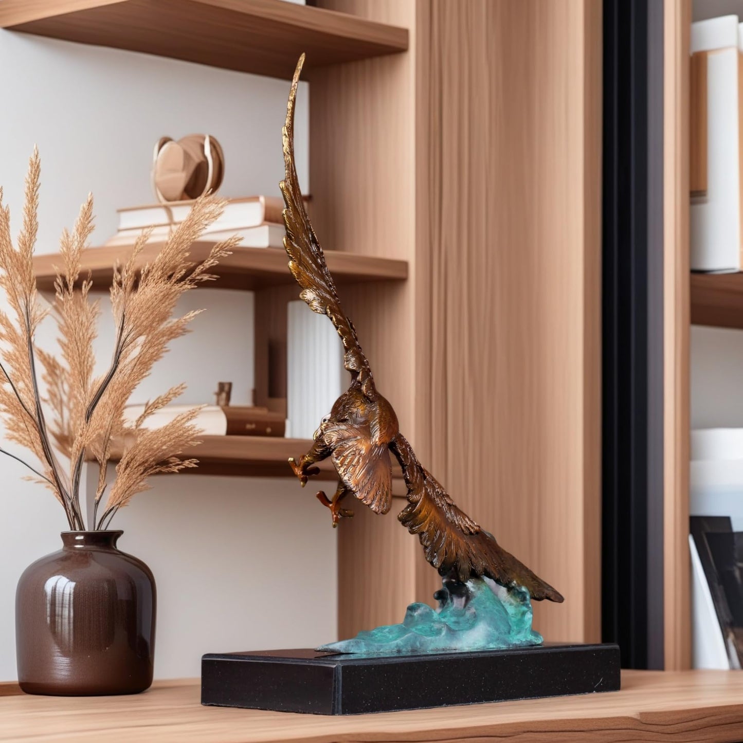 Realong Bald Eagle Bronze Statue,15.1'' Bronze Majestic Eagle Animal Sculpture Art Crafts,Unique Bronze Ornament for Home Office Decor Gift