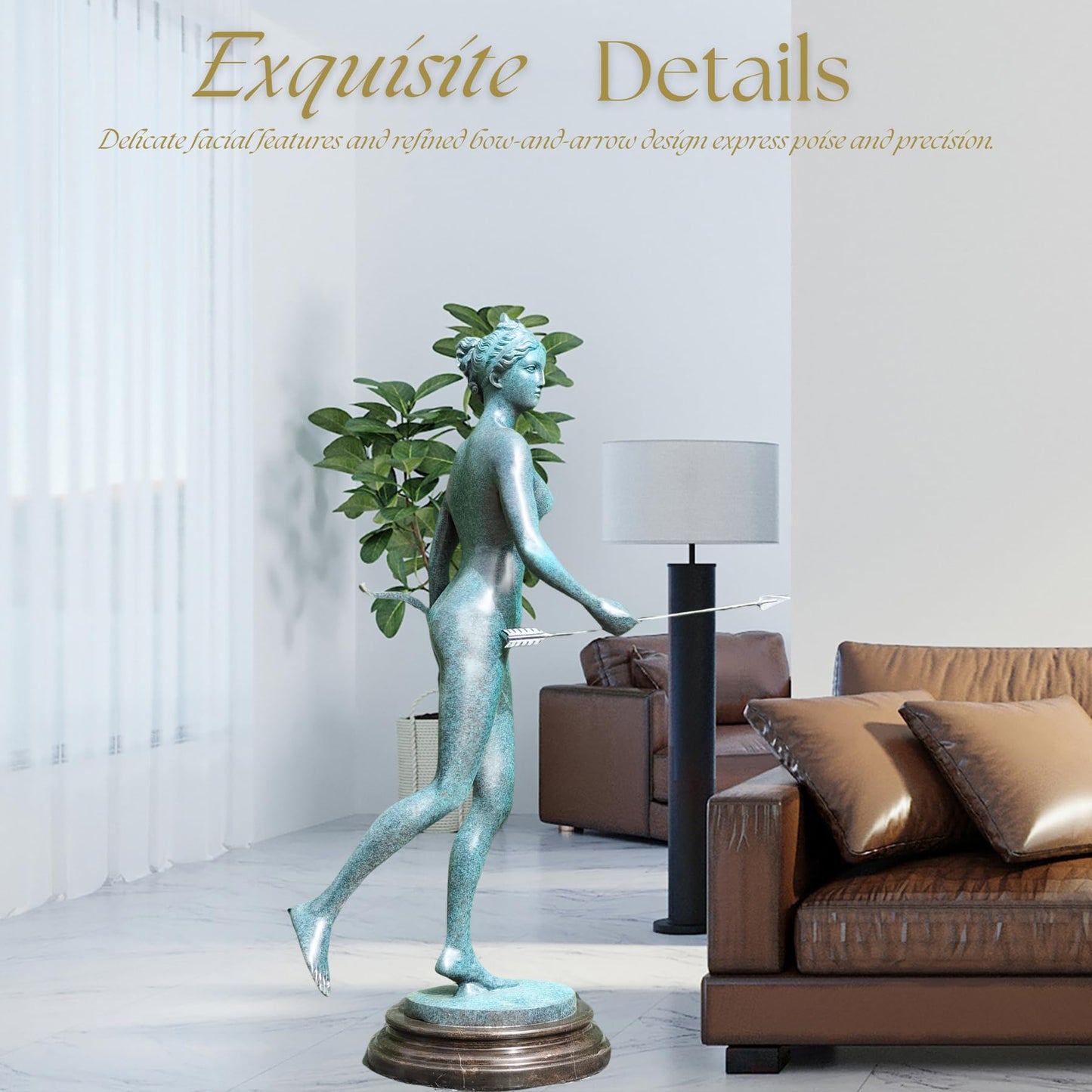 R REALONG Artemis Drawing Bow Bronze Statue – 28.7'' Blue-Green Verdigris Patina Greek Goddess of The Hunt Sculpture – Unique Female Archer Art for Gallery, Studio, Mythology Decor