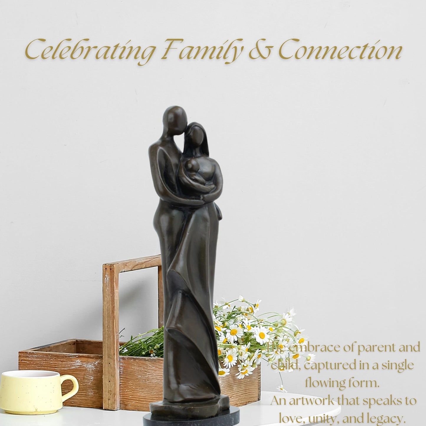 Signed Milo Bronze Family Sculpture – 16.9" Handcrafted Lost-Wax Cast Bronze Statue with Marble Base – Parent and Child Figurine – Warm Home Decor, Collectible, and Gift
