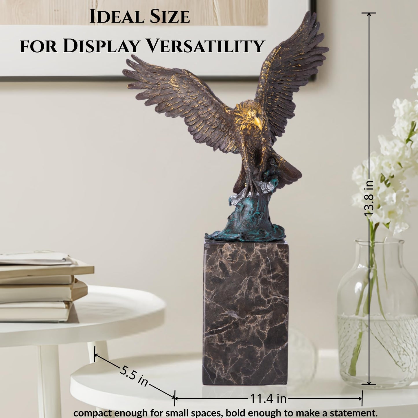 13.8 in-Bronze Swooping Eagle Catching Fish Sculpture – American Bald Eagle Statue with Marble Base, Wildlife Bronze Figurine for Home Decor, Office, Gallery, Gifts and Collectors