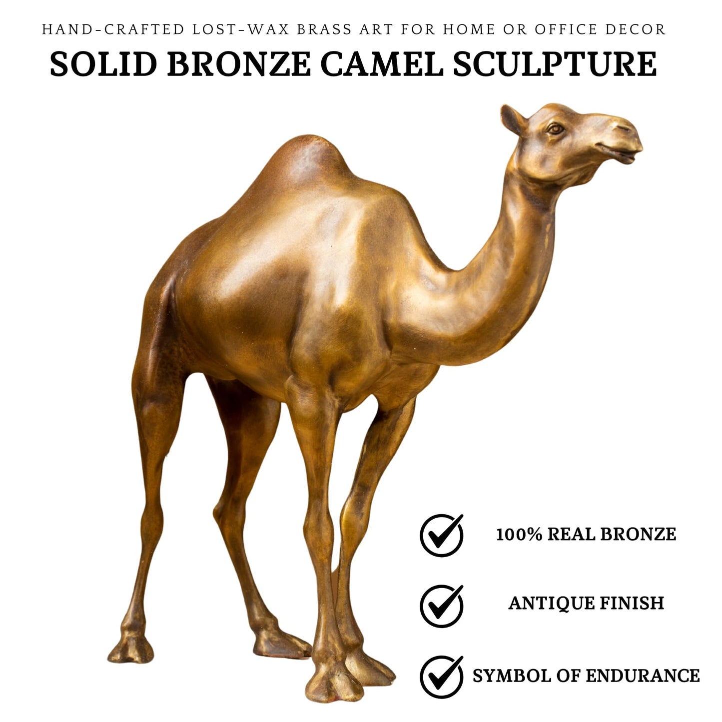 Bronze Camel Sculpture, Solid Brass Desert Animal Statue Art Collectible, Hand-Crafted Lost-Wax Camel Figurine for Gift Home or Office Decor
