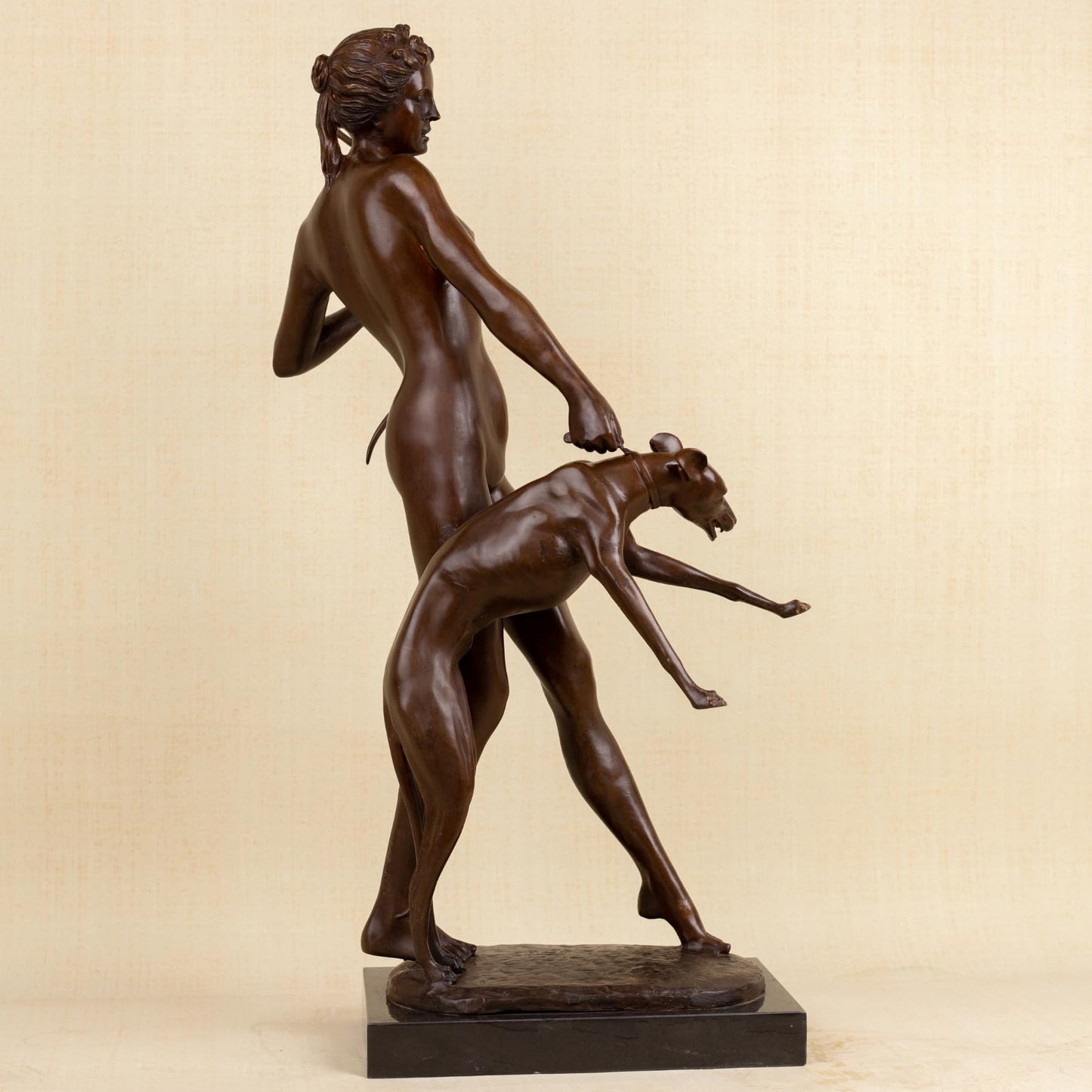 R REALONG Life-Size Diana The Huntress Bronze Sculpture – 31.5'' Roman Goddess Statue with Dog – Lost-Wax Handmade Brown Patina Art for Estate Foyer, Boutique Hotel, Collector Gallery