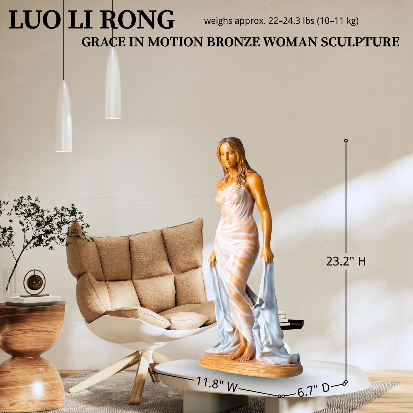 GRACE IN MOTION Bronze Woman Sculpture – 23.2" Tall Luo Li Rong-Inspired Figurine – Solid Bronze Female Statue in Sheer Gown Holding Drapery – Elegant Art Decor for Home, Office, or Gallery Display