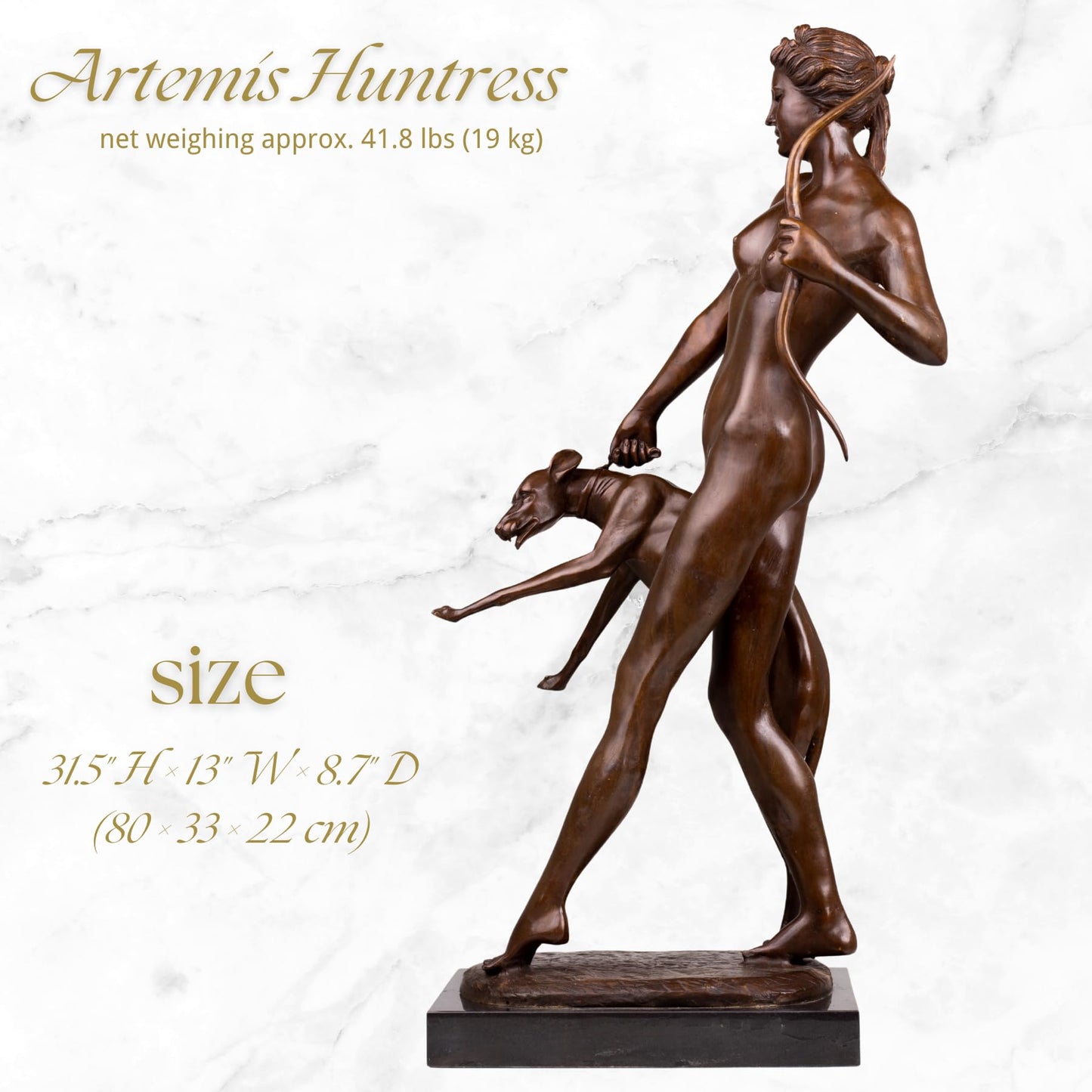 R REALONG Life-Size Diana The Huntress Bronze Sculpture – 31.5'' Roman Goddess Statue with Dog – Lost-Wax Handmade Brown Patina Art for Estate Foyer, Boutique Hotel, Collector Gallery