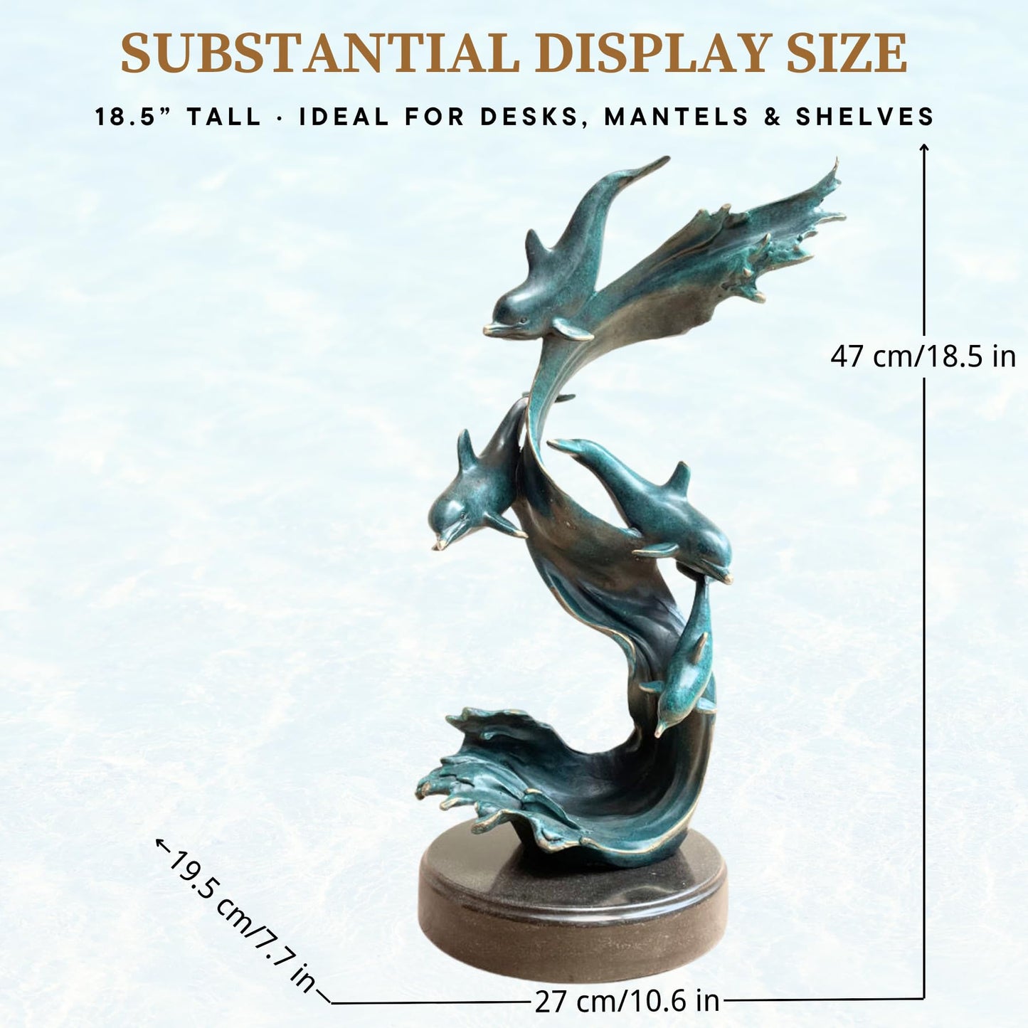 Bronze Dolphin Sculpture –18.5" Tall Handcrafted Solid Bronze Dolphin Décor Art Sculpture with Verdigris Patina | Ocean Wildlife Statue | Artistic Home Décor & Collectible Figurine