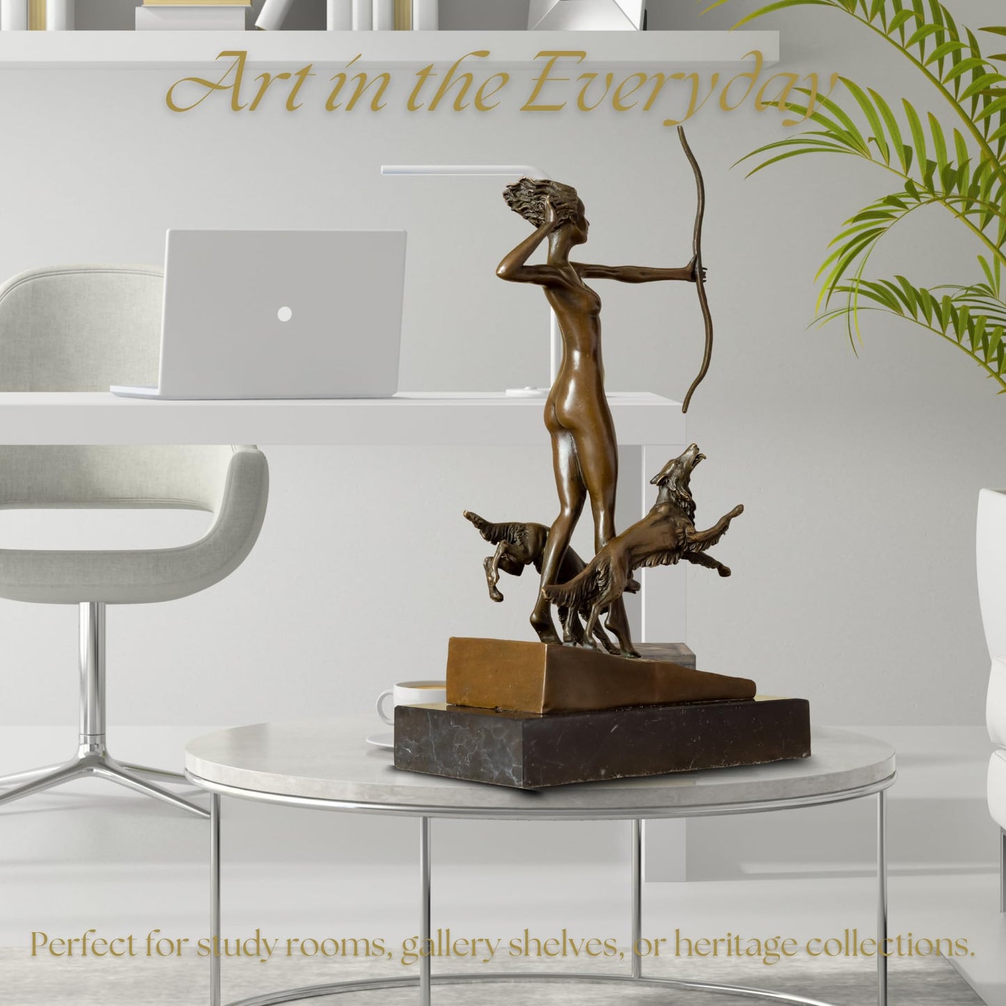 R REALONG Diana The Huntress Bronze Statue – 13'' Mythological Goddess with Hunting Dog on Marble Base – Classic Figurine for Gallery, Study, Bookcase, Luxury Gift