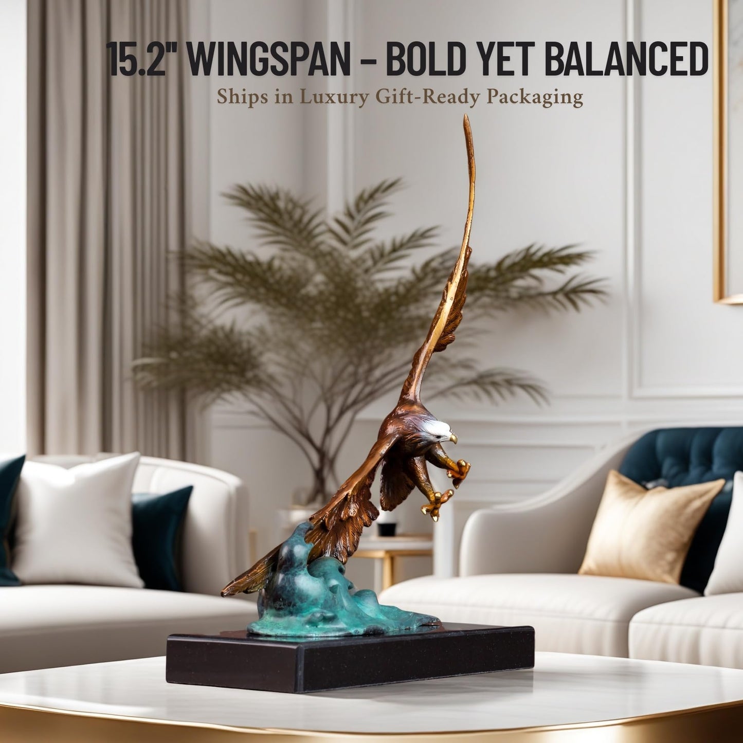 Realong Bald Eagle Bronze Statue,15.1'' Bronze Majestic Eagle Animal Sculpture Art Crafts,Unique Bronze Ornament for Home Office Decor Gift