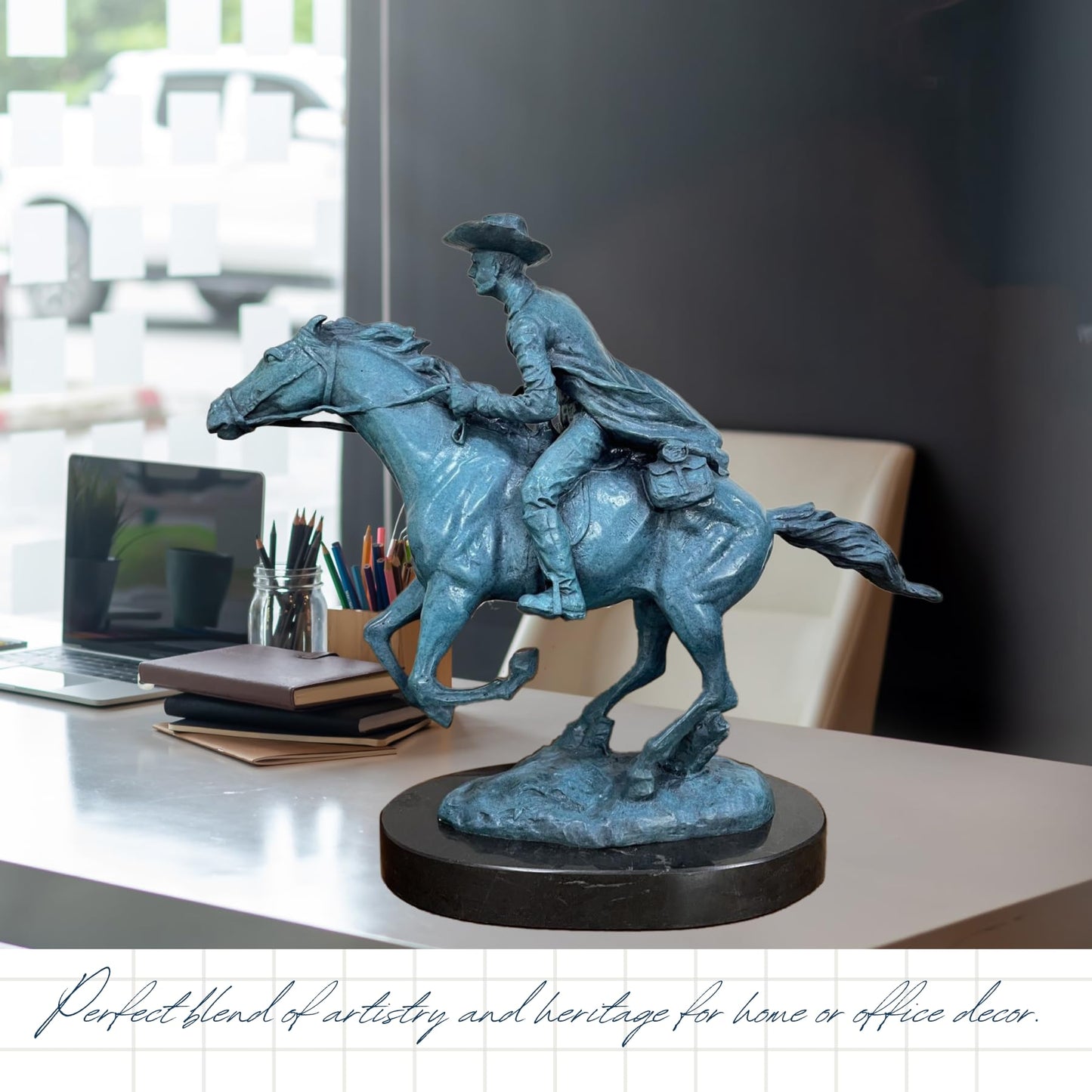 R REALONG Famous Western Sculpture-Bronze Horse Statue Western Cowboy Horse Rodeo Rider with Marble Base Collectible Figurines Office Home Decor Art Bronze Sculptures