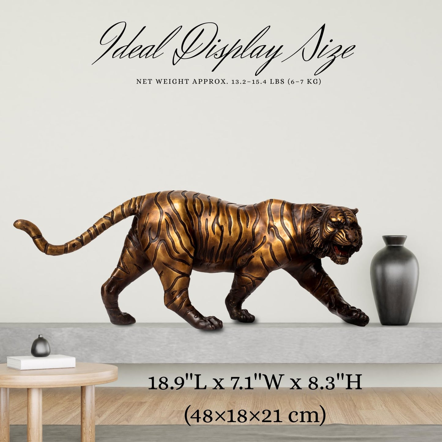 Bronze Tiger Statue – 18.9" Solid Brass Handmade Sculpture, Lost-Wax Cast Wild Jungle Animal Figurine, Brass Tiger for Home Decor, Office, Feng Shui, Business Gift, Art Collection