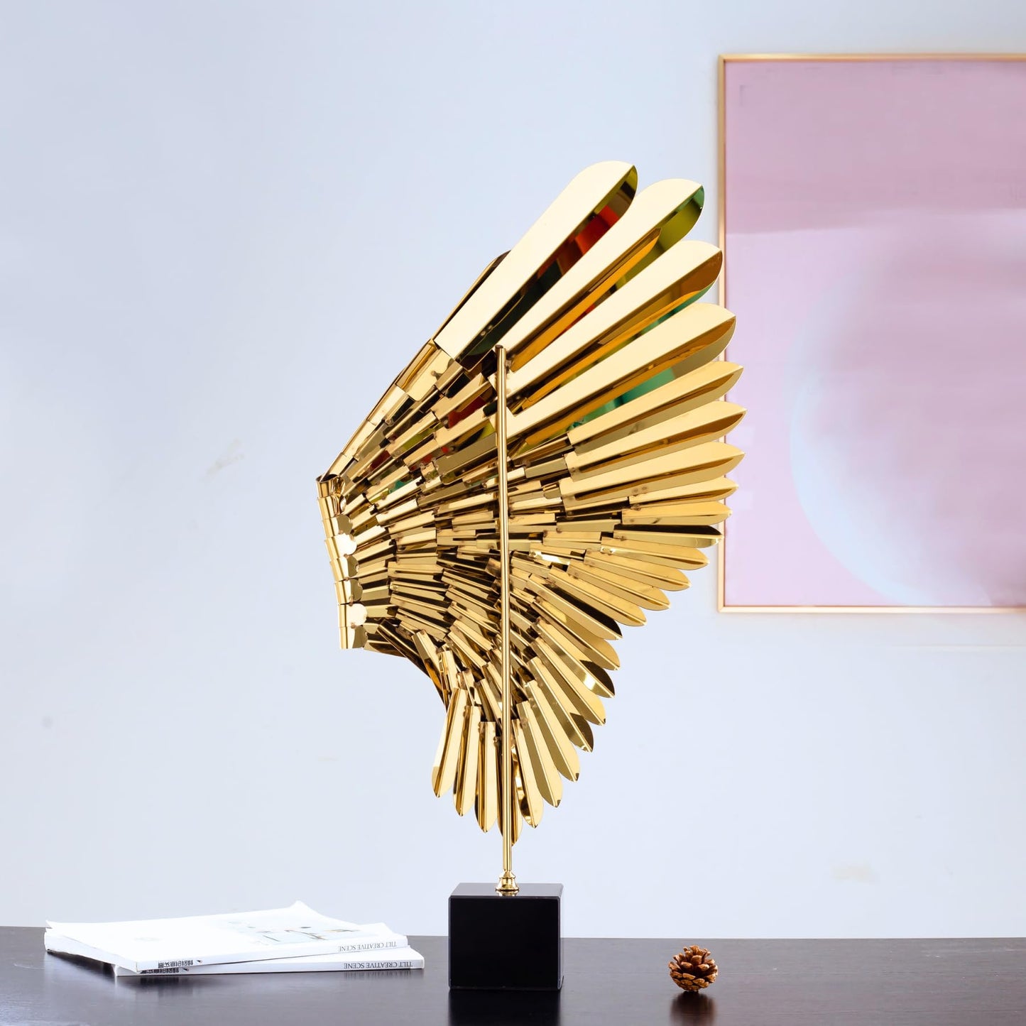R REALONG Metal Statue for Home Decor-Vintage Style Angel Wings Stainless Steel Sculpture with Marble Base, 30'' Artisanal Design & Handcrafted Metal Art Collection for Hotel,Gallery,Club