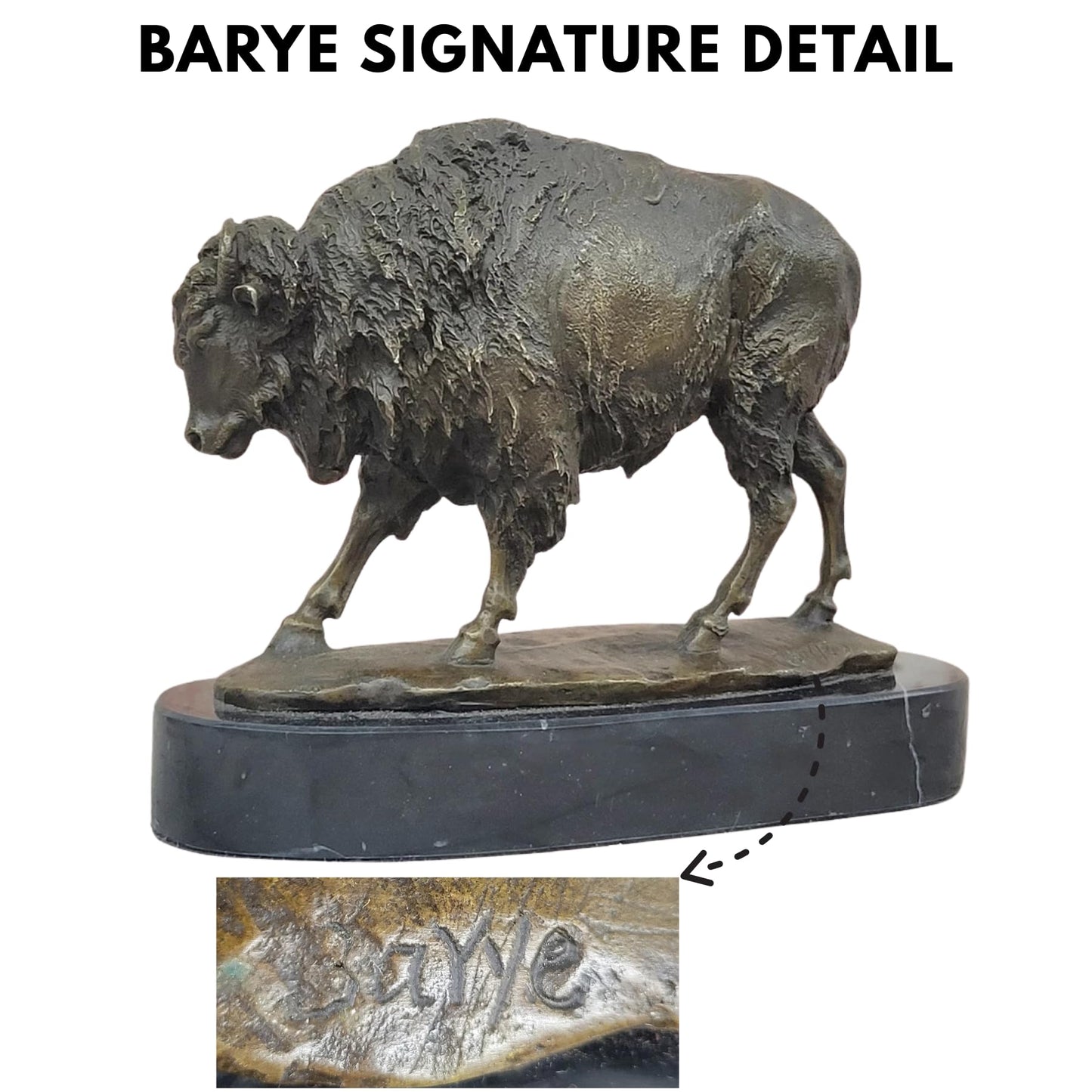 Bronze Bison Sculpture Signed by Barye – 9.8'' Lost-Wax Cast Buffalo Statue on Marble Base – Handmade Wildlife Art Figurine for Western Decor, Office, Collector Gift