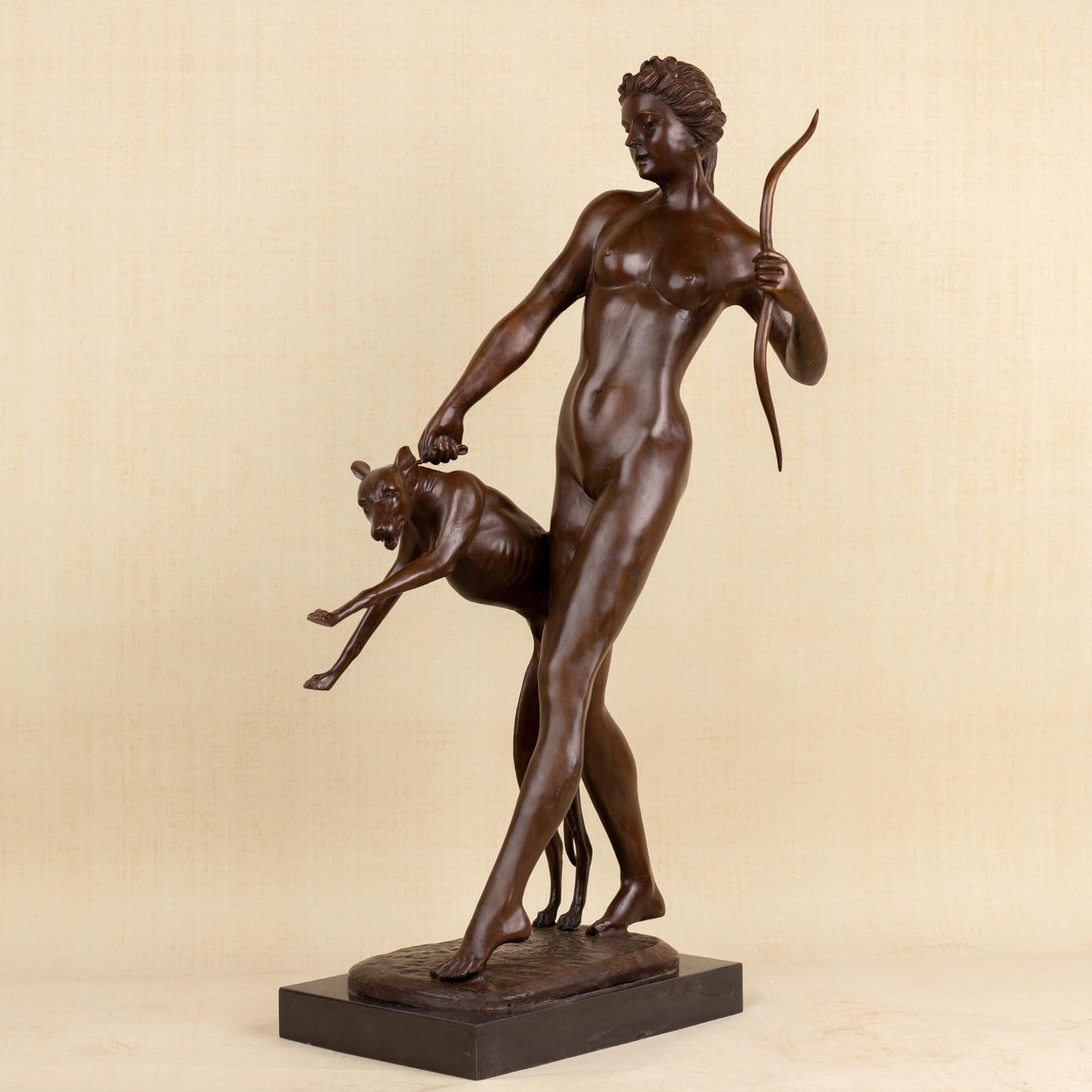R REALONG Life-Size Diana The Huntress Bronze Sculpture – 31.5'' Roman Goddess Statue with Dog – Lost-Wax Handmade Brown Patina Art for Estate Foyer, Boutique Hotel, Collector Gallery