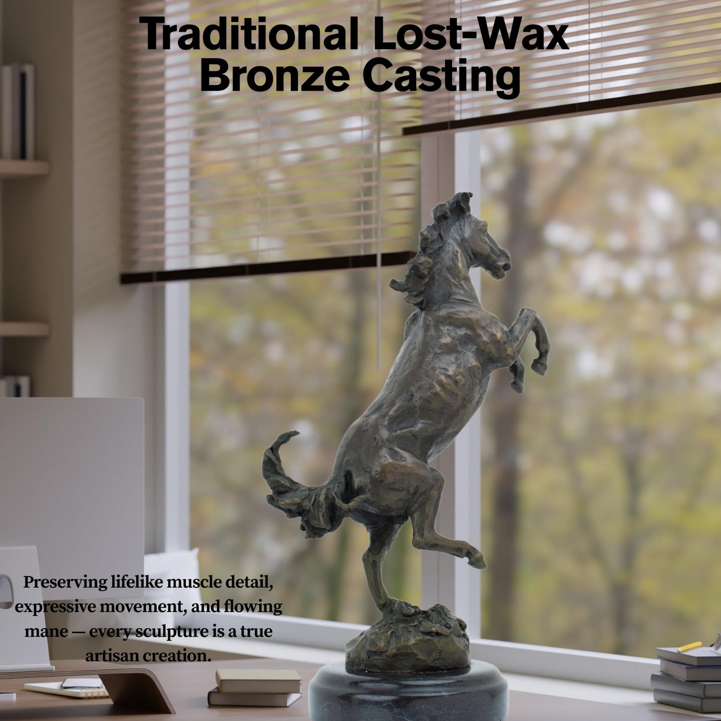 Bronze Rearing Horse Sculpture – 12.6" Handmade Solid Bronze Stallion Statue with Natural Marble Base – Lost-Wax Cast Equestrian Decor & Gift for Home, Office, or Art Collectors