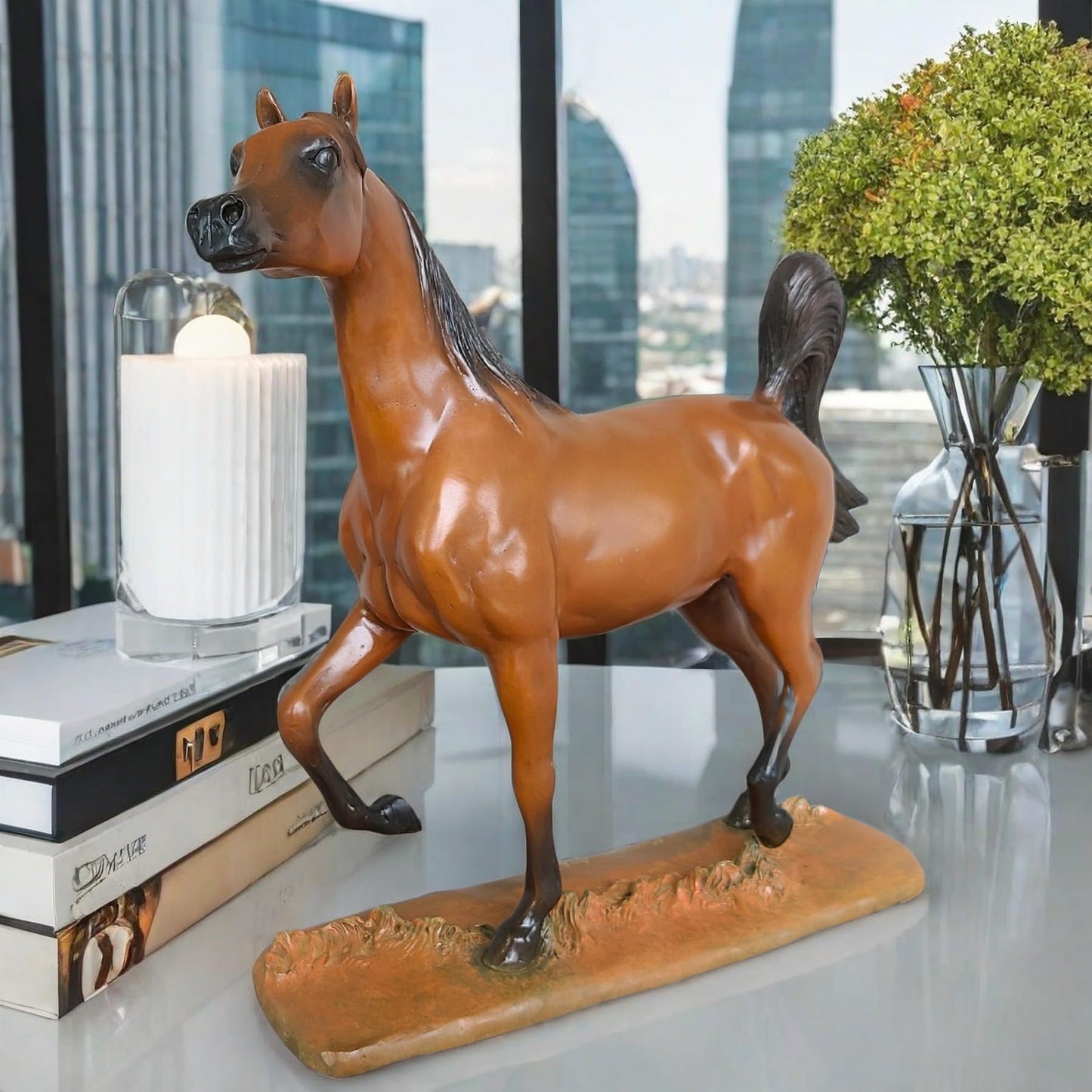 Bronze Arabian Horse Sculpture - H:14.6" Yellow-Brown Patina Handcrafted Horse Statue with Custom Signature Option, Elegant Equine Art for Home and Office Décor