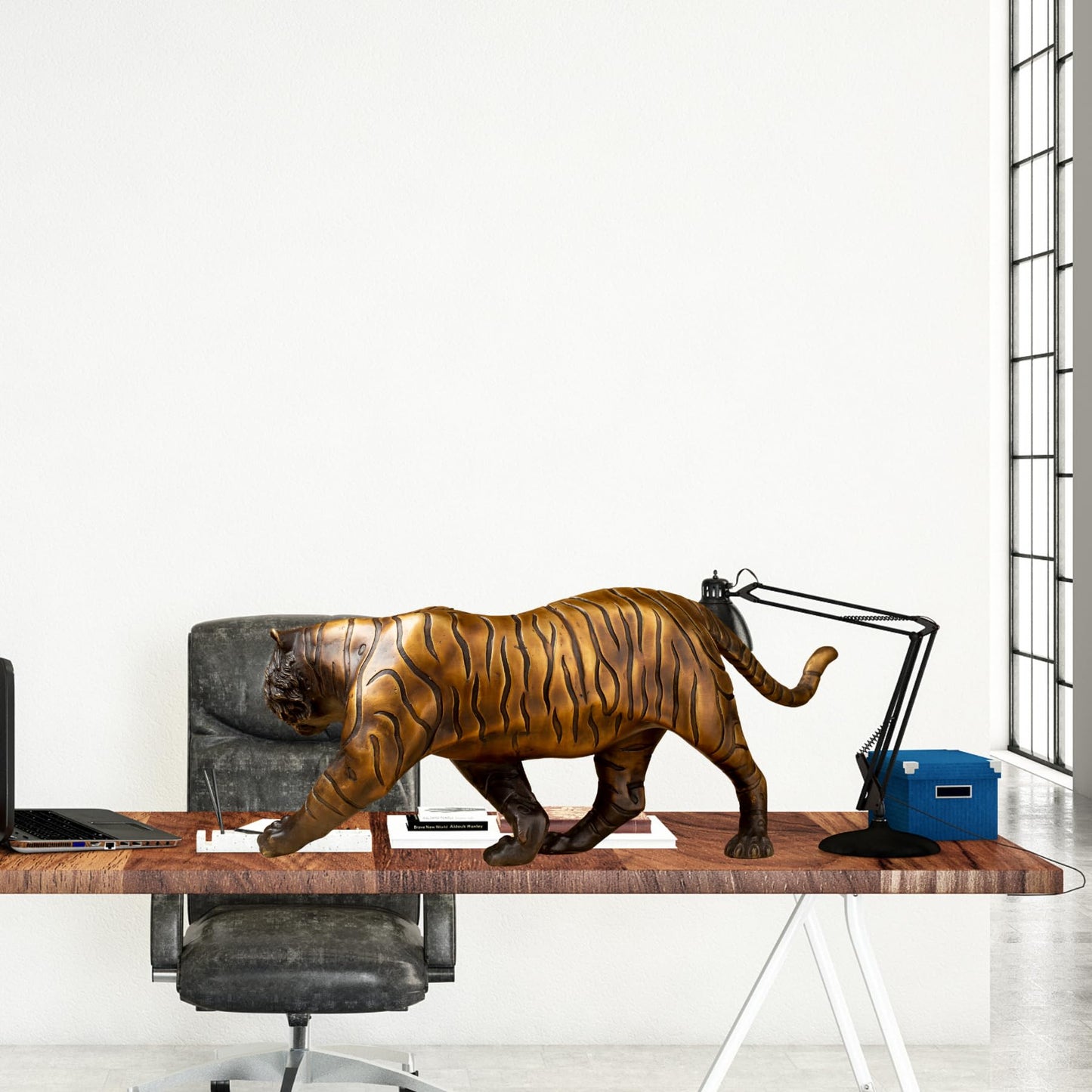 Bronze Tiger Statue – 18.9" Solid Brass Handmade Sculpture, Lost-Wax Cast Wild Jungle Animal Figurine, Brass Tiger for Home Decor, Office, Feng Shui, Business Gift, Art Collection