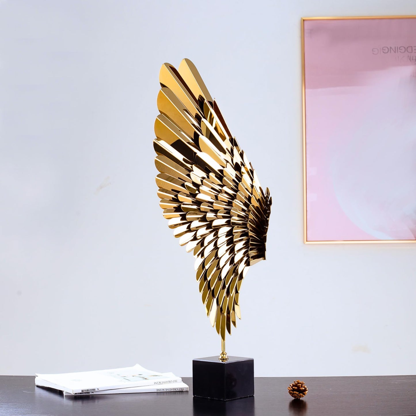R REALONG Metal Statue for Home Decor-Vintage Style Angel Wings Stainless Steel Sculpture with Marble Base, 30'' Artisanal Design & Handcrafted Metal Art Collection for Hotel,Gallery,Club