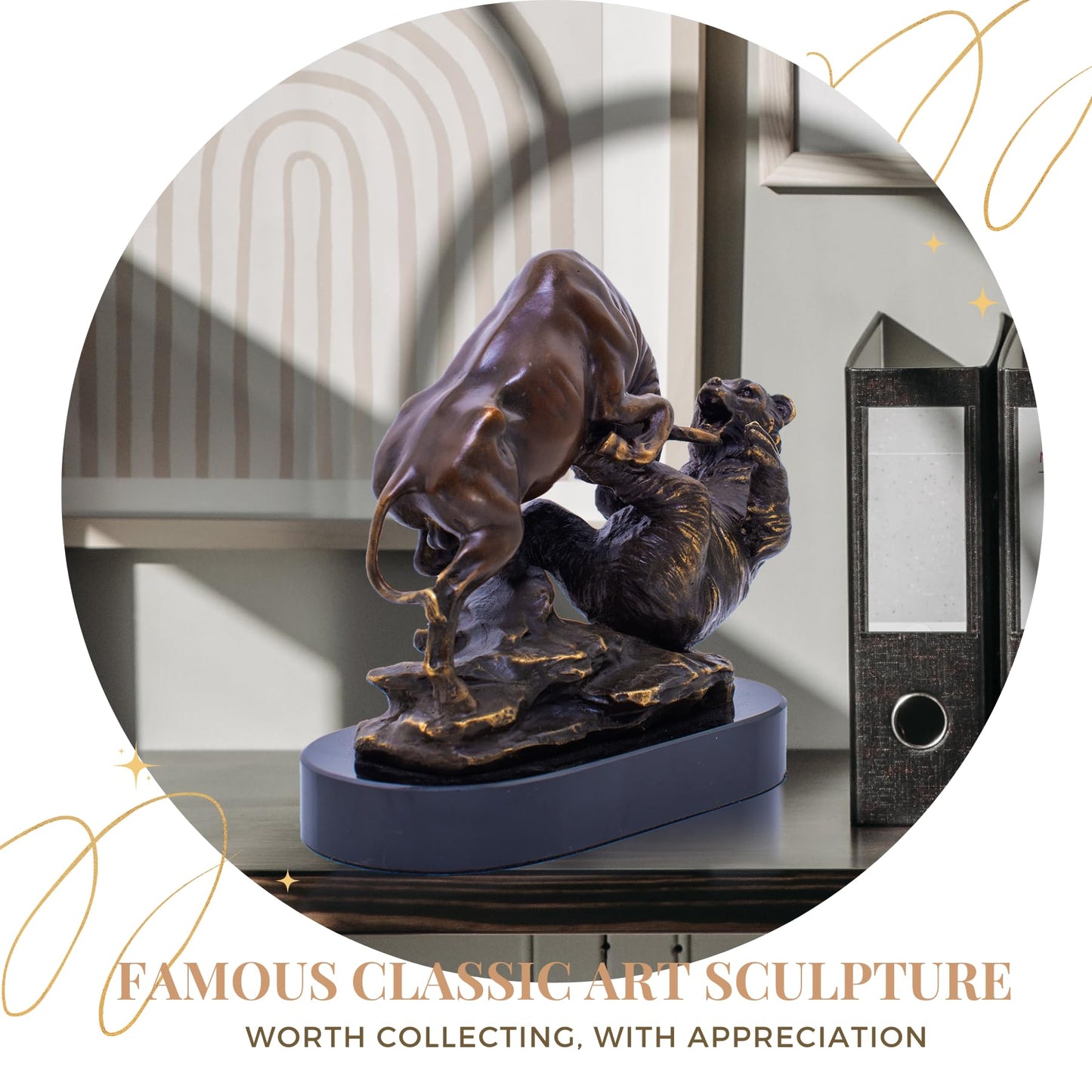 Bronze Wall Street Bull and Bear Statue and Sculpture,Financial Market Battle Statue Brass Charging Bull Gift for Home&Office Decor with Natural Marble Base.