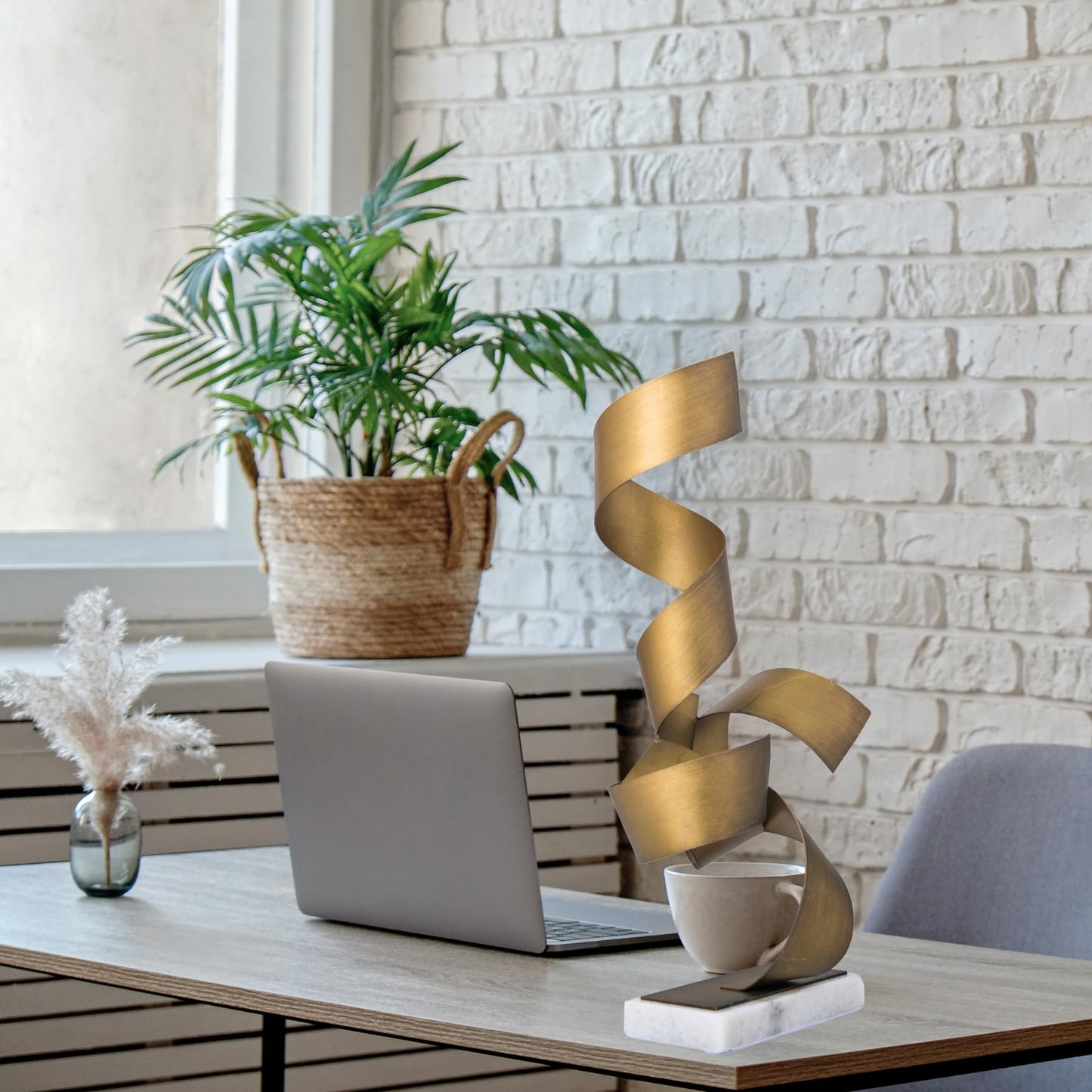 Realong Golden Metal Art Sculpture with Marble Base, 19'' Abstract Geometric Table Decor Statue Modern Collectible Figurine Home Hotel Office Gold Iron Art Sculpture Ornament