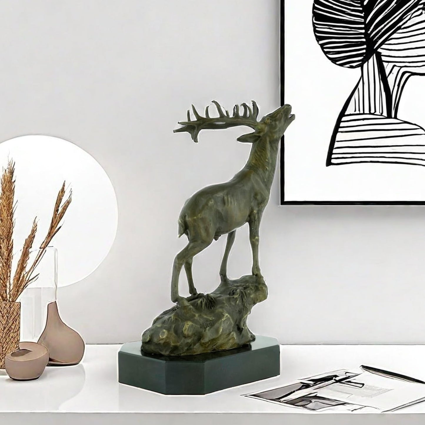 Bronze Deer Sculpture - Majestic Stag with Antlers, 14.2" Brasss Elk&Moose Realistic Design for Home Décor, Art Collections, and Luxury Gifts