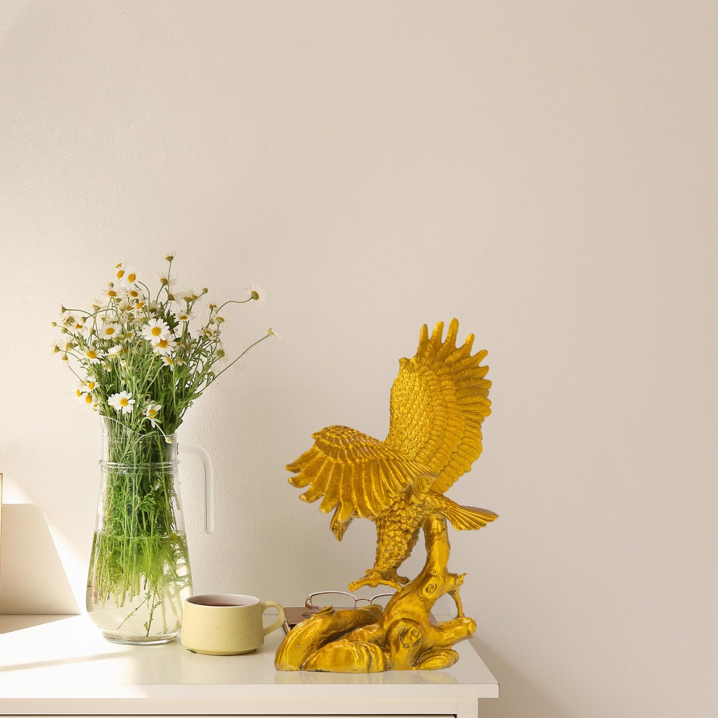 R REALONG 9.1" L Gold Brass Eagle Spread Wings Statue e-Solid Bronze Eagle Sculpture Modern Home Office Art Decor Desktop Decoration.