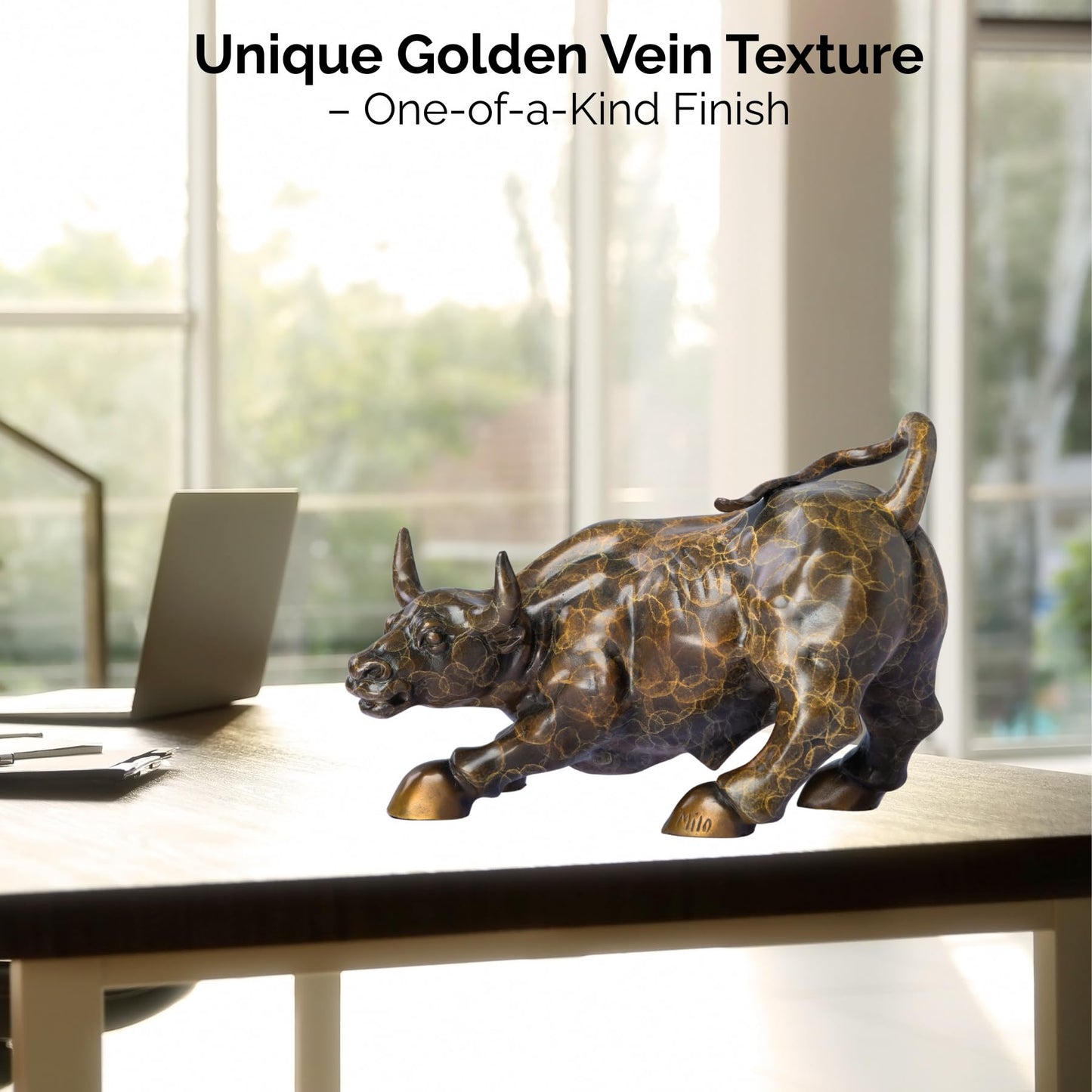Wall Street Bull Bronze Statue – 11" Charging Bull Sculpture with Unique Crackle Pattern, Solid Brass Ox Figurine, Symbol of Wealth & Prosperity, Office Desk Decor & Business Gift