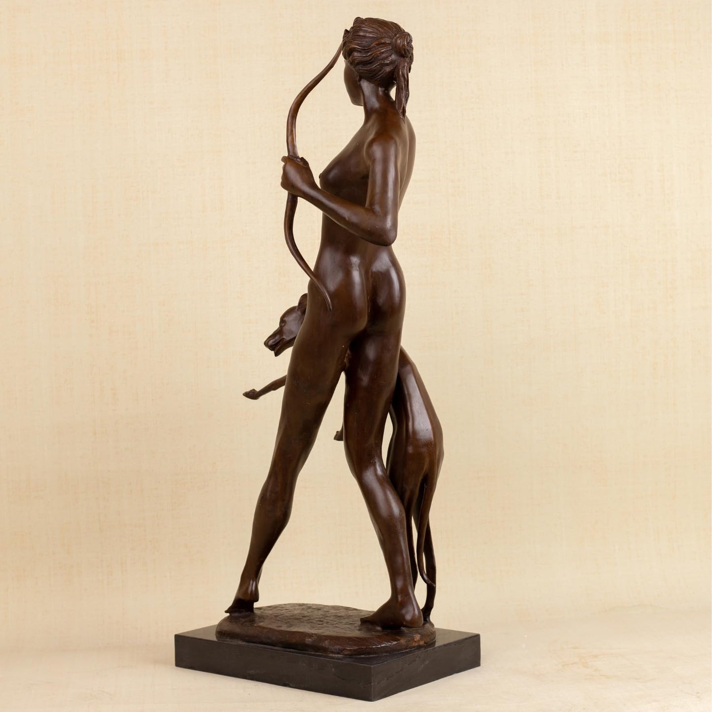 R REALONG Life-Size Diana The Huntress Bronze Sculpture – 31.5'' Roman Goddess Statue with Dog – Lost-Wax Handmade Brown Patina Art for Estate Foyer, Boutique Hotel, Collector Gallery