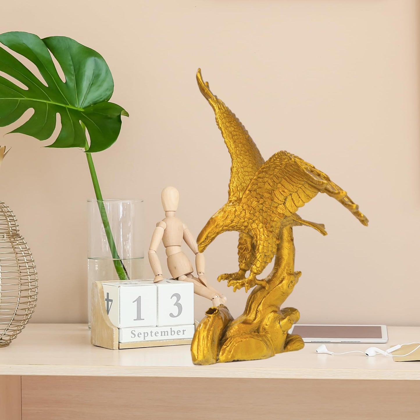 R REALONG 9.1" L Gold Brass Eagle Spread Wings Statue e-Solid Bronze Eagle Sculpture Modern Home Office Art Decor Desktop Decoration.