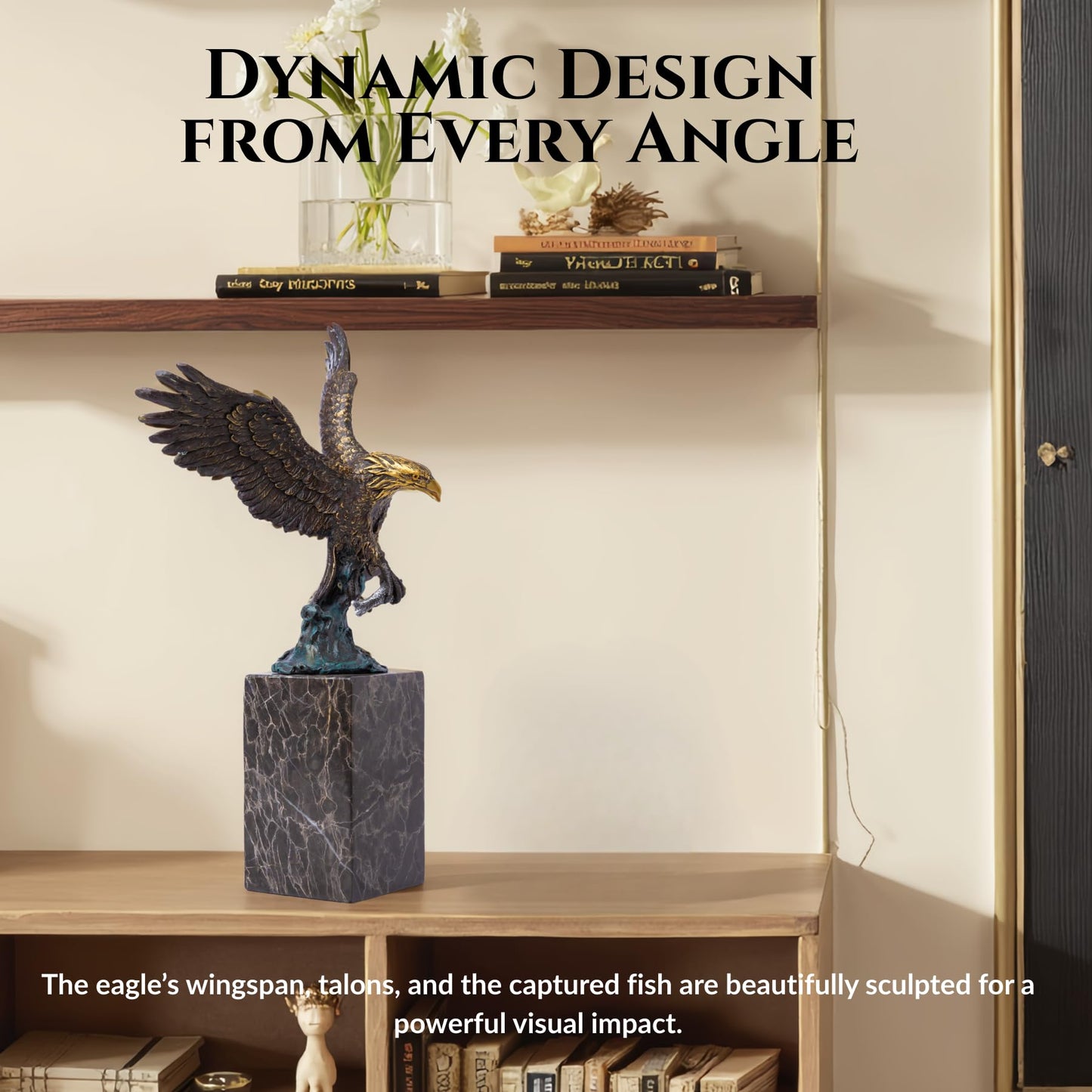 13.8 in-Bronze Swooping Eagle Catching Fish Sculpture – American Bald Eagle Statue with Marble Base, Wildlife Bronze Figurine for Home Decor, Office, Gallery, Gifts and Collectors