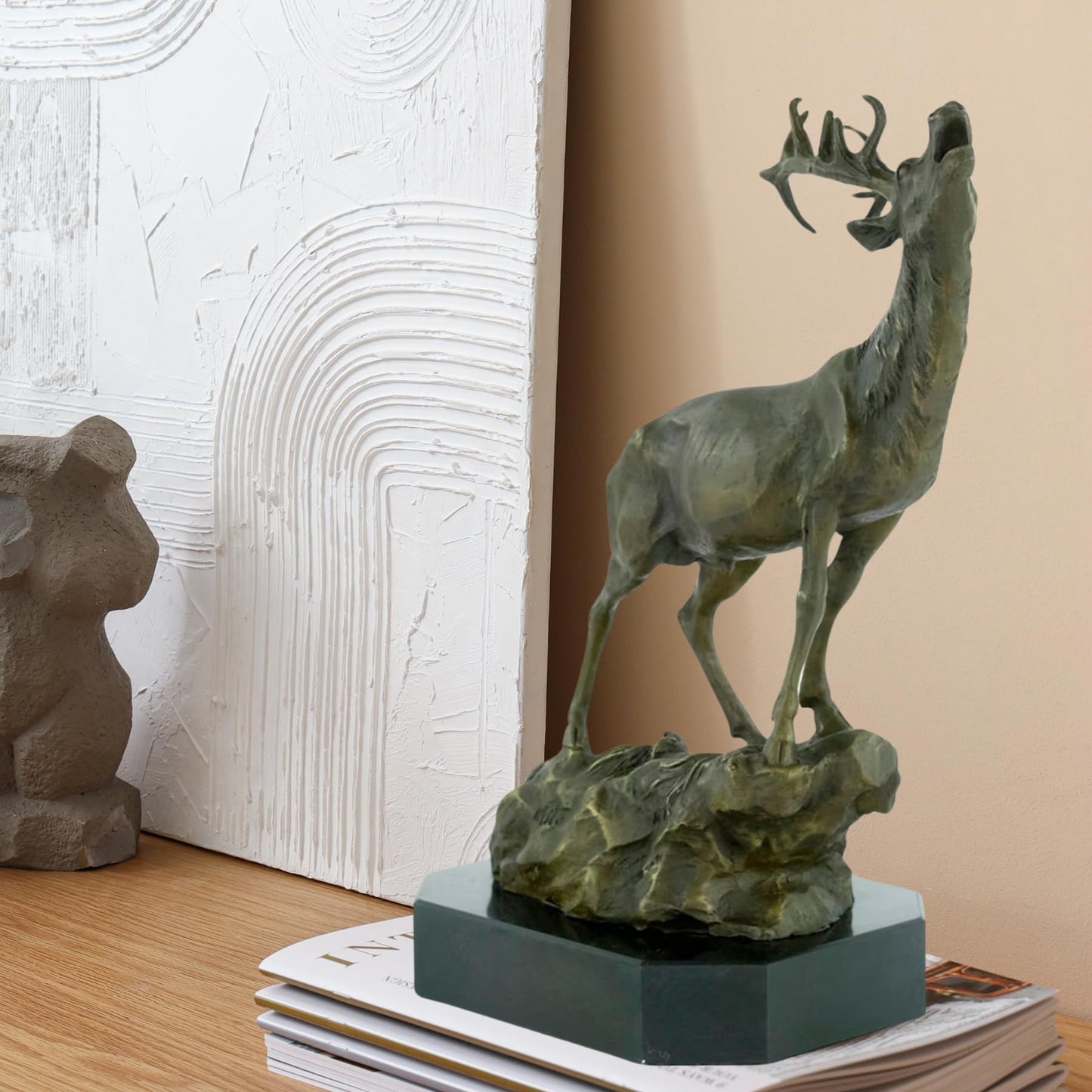 Bronze Deer Sculpture - Majestic Stag with Antlers, 14.2" Brasss Elk&Moose Realistic Design for Home Décor, Art Collections, and Luxury Gifts