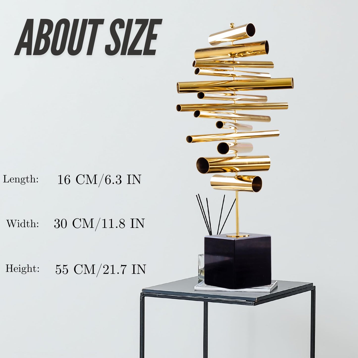 Modernism Creative Geometric Light Luxury Art Metal Ornament, 21.6'' Golden Stainless Steel Statue with Marble Base, Suitable for Home Hotel Office Decoration, Collection, Gift