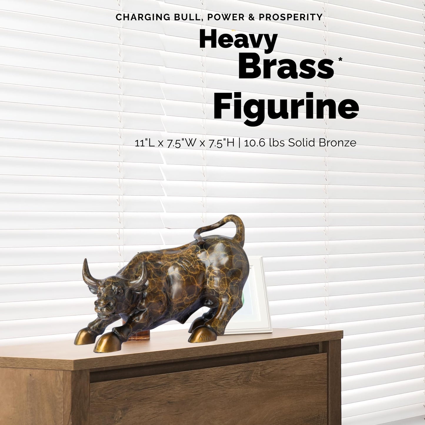 Wall Street Bull Bronze Statue – 11" Charging Bull Sculpture with Unique Crackle Pattern, Solid Brass Ox Figurine, Symbol of Wealth & Prosperity, Office Desk Decor & Business Gift
