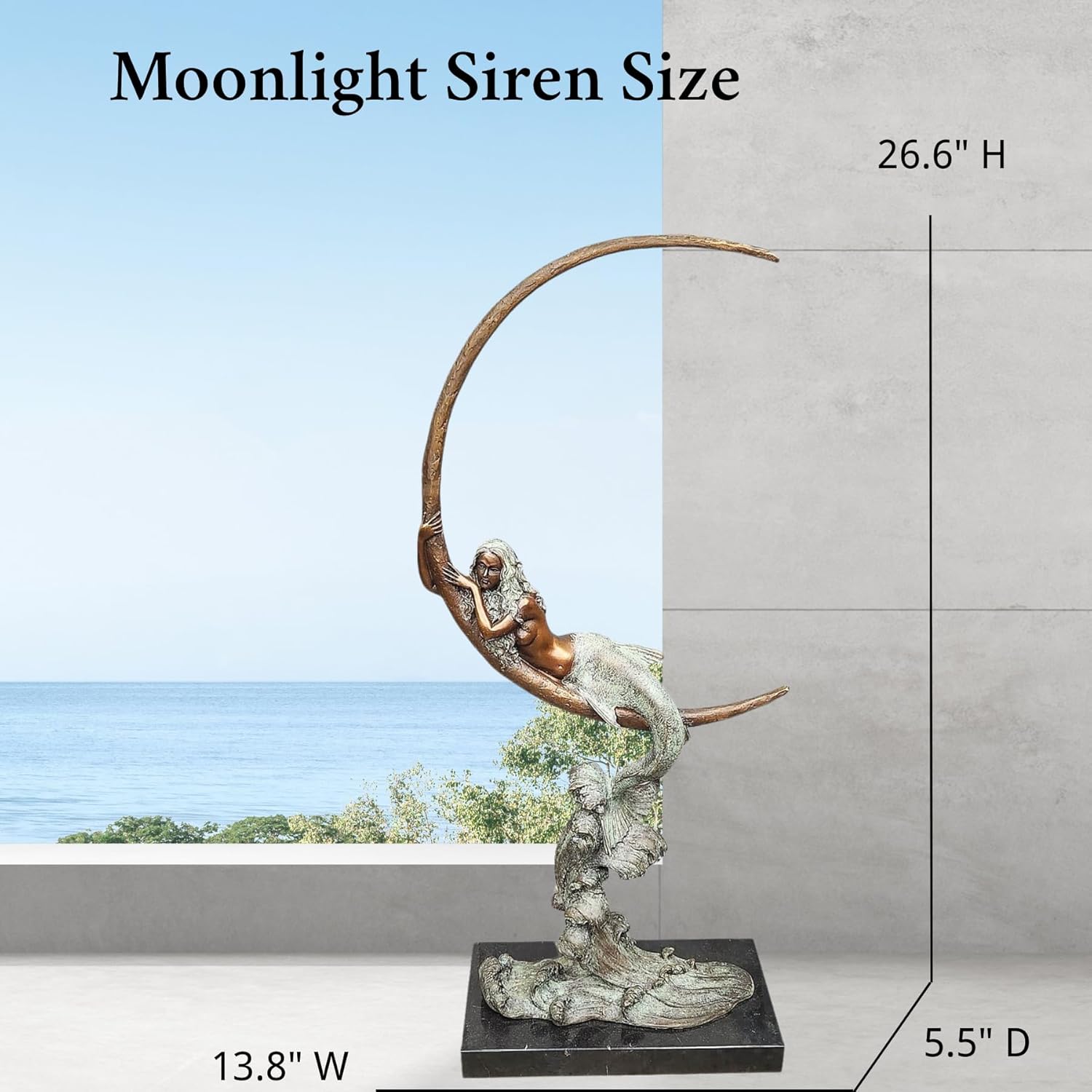 Bronze Mermaid on Crescent Moon Sculpture – 26.6" Tall Handmade Patina Bronze Statue “Moonlight Siren” with Marble Base – Elegant Art Nouveau Figurine for Home Décor & Collectors