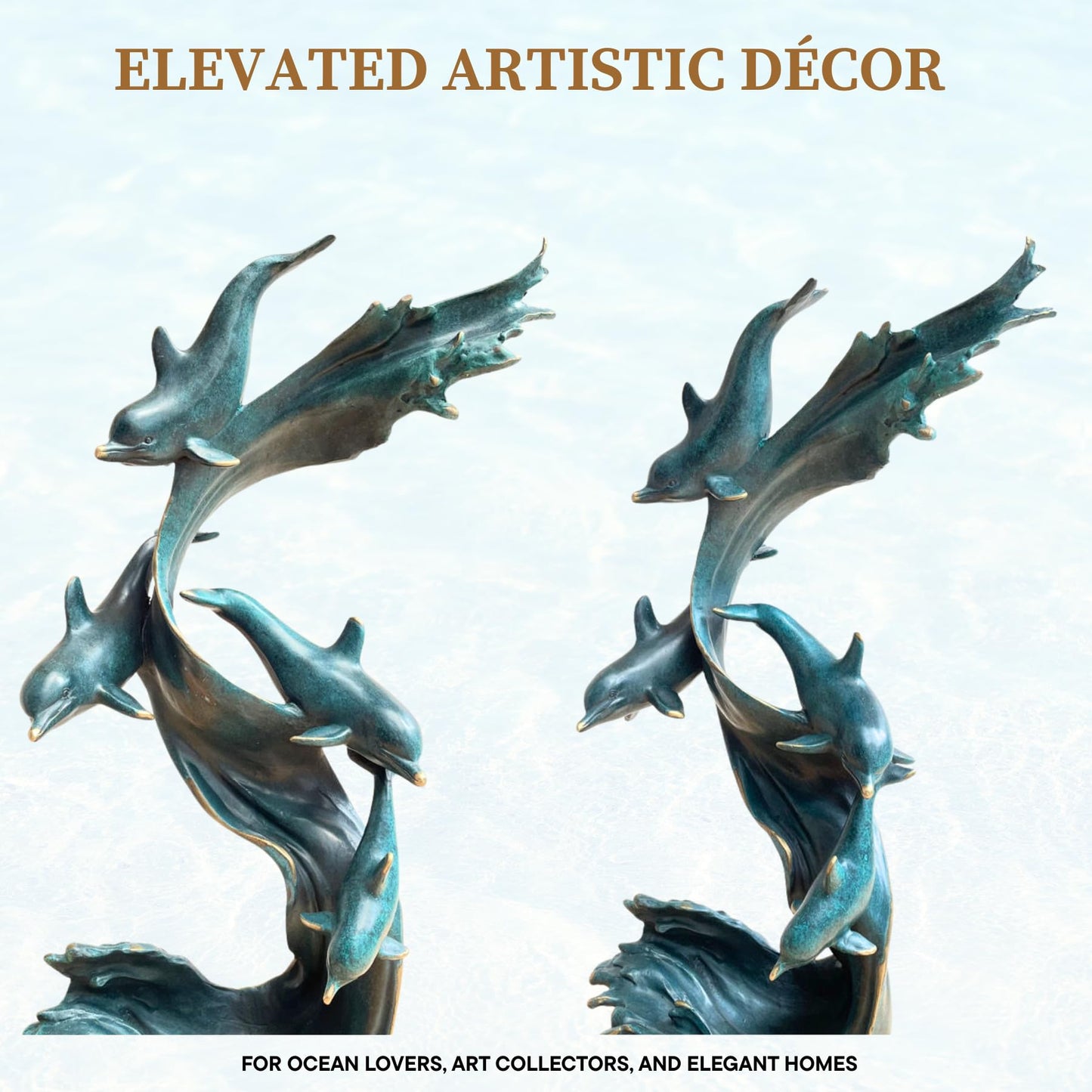 Bronze Dolphin Sculpture –18.5" Tall Handcrafted Solid Bronze Dolphin Décor Art Sculpture with Verdigris Patina | Ocean Wildlife Statue | Artistic Home Décor & Collectible Figurine