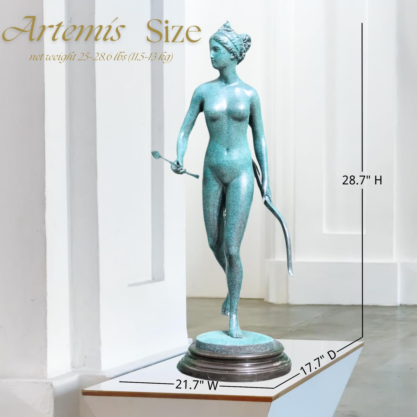 R REALONG Artemis Drawing Bow Bronze Statue – 28.7'' Blue-Green Verdigris Patina Greek Goddess of The Hunt Sculpture – Unique Female Archer Art for Gallery, Studio, Mythology Decor